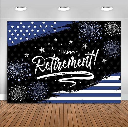 Mocsicka Happy Retirement Backdrop - Navy Blue Police Retirement Party Decorations, Flag and Firework Congrats Photo Booth Prop (7x5ft)