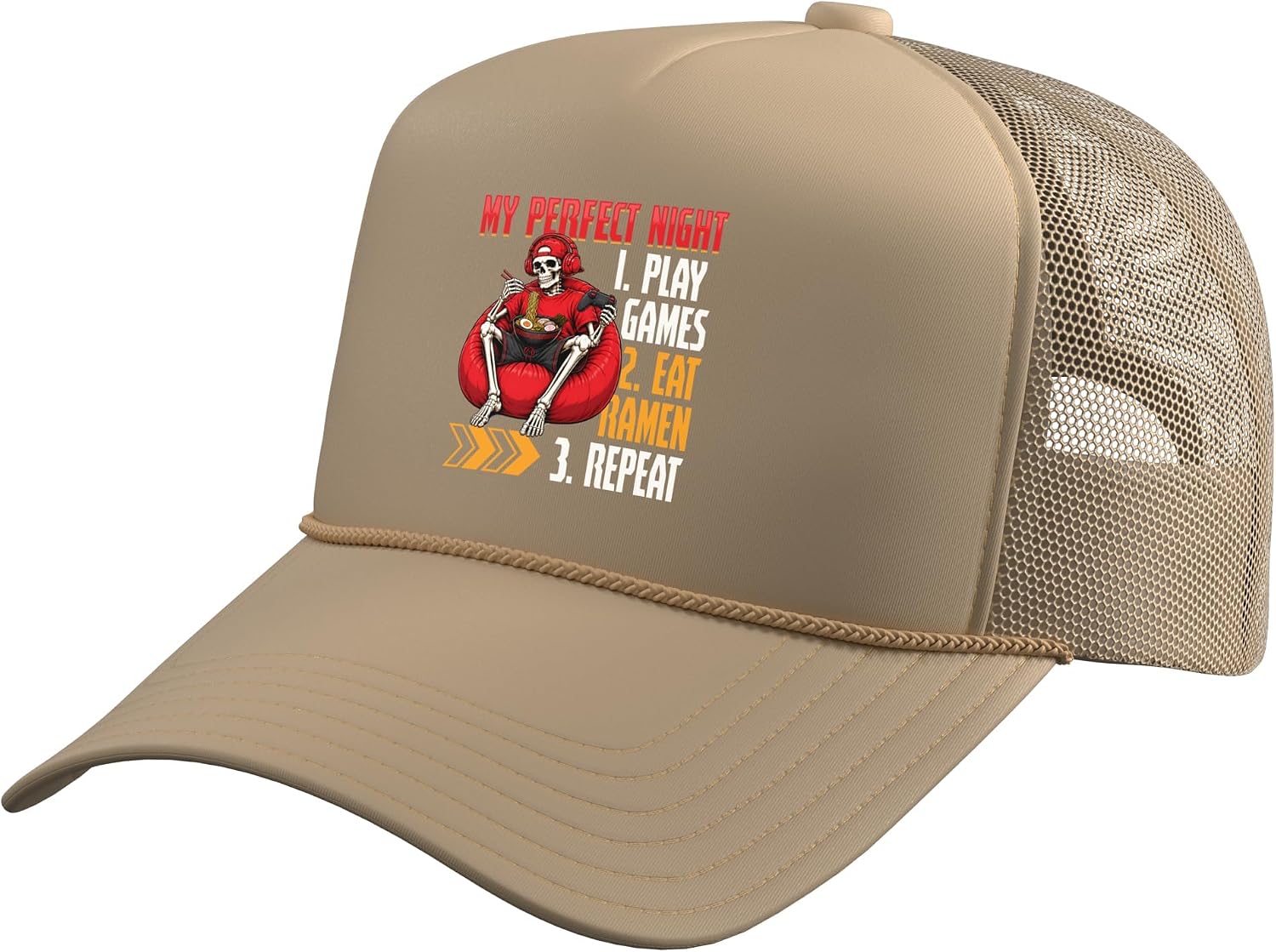 Funny Gaming and Ramen Gamer Skeleton Trucker Hat with Adjustable Mesh Back