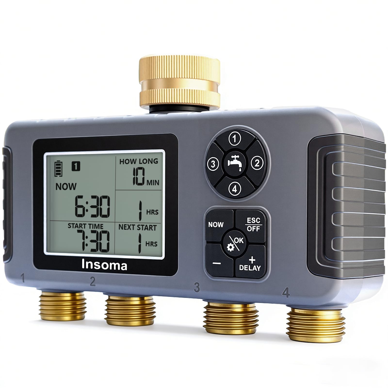 Insoma Water Timer 4 Zones with Brass Inlet & Outlet, Automatic Garden Hose Timer with Manual/Rain Delay & Large Display, IPX5 Waterproof Faucet Timers for Sprinkler System, Yard, Lawn, Greenhouse