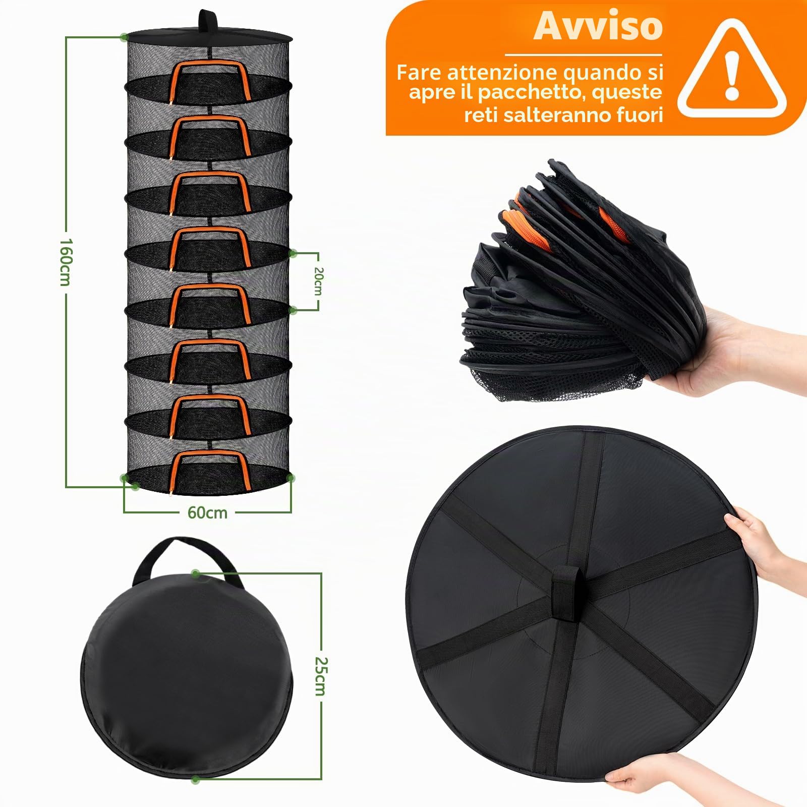 Desy & Feeci Rete Essiccazione 8 Livelli per Erbe, Piante & Alimenti –Rete da Stendino per Erbe Aromatiche con Gancio a Forma di S e Borsa Portaoggetti –Ideale per Tisane, Fiori, Frutta Secca (60 cm)