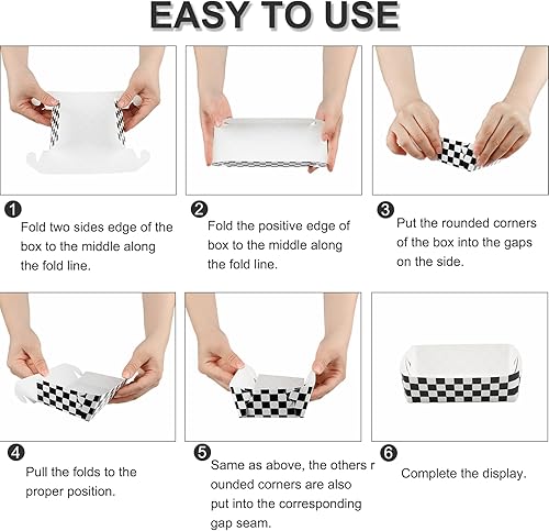 Miniatura 4 de Paquete de 100 bandejas de papel a cuadros para comida de coche de carreras, suministros de fiesta de cumpleaños, bandejas de cuadros en blanco y