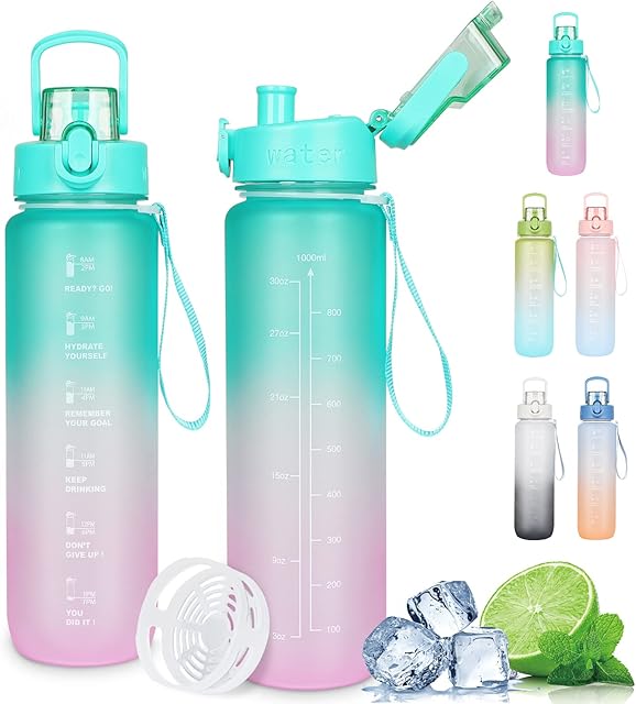 AOHAN Water Bottle 1l, Drinks Bottle Leak Proof, Water Bottle with Time Markings and Filter, Motivational Sports Water Bottle BPA Free for Running ,cycling, Gym, School & Office