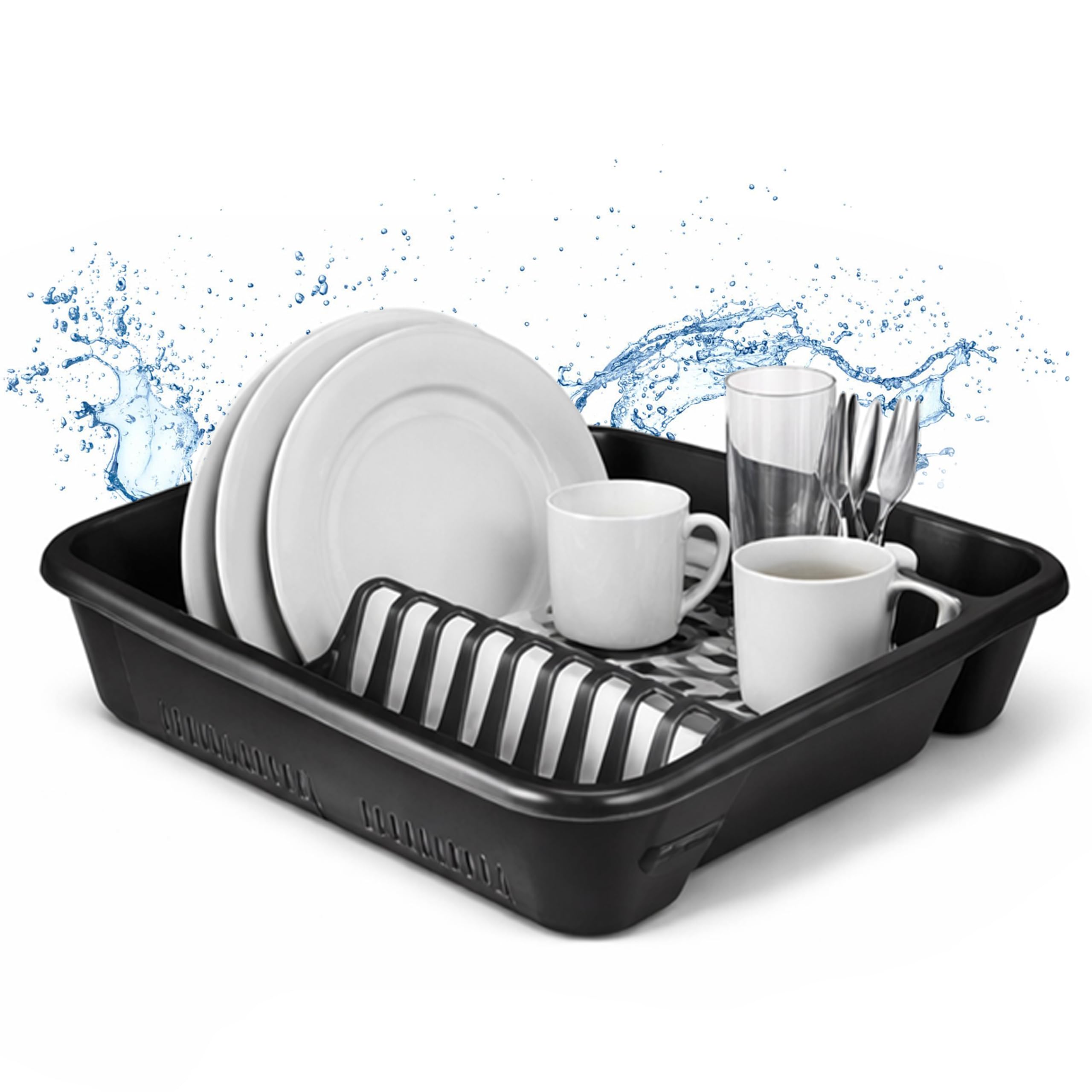 Ploutos World Wide Plastic Kitchen Sink Dish Drainer – Cutlery, Plate & Cup Drying Rack, Countertop Drainer Holder with Removable Cutlery Section, Durable Sink Drip Tray Organizer (Black)