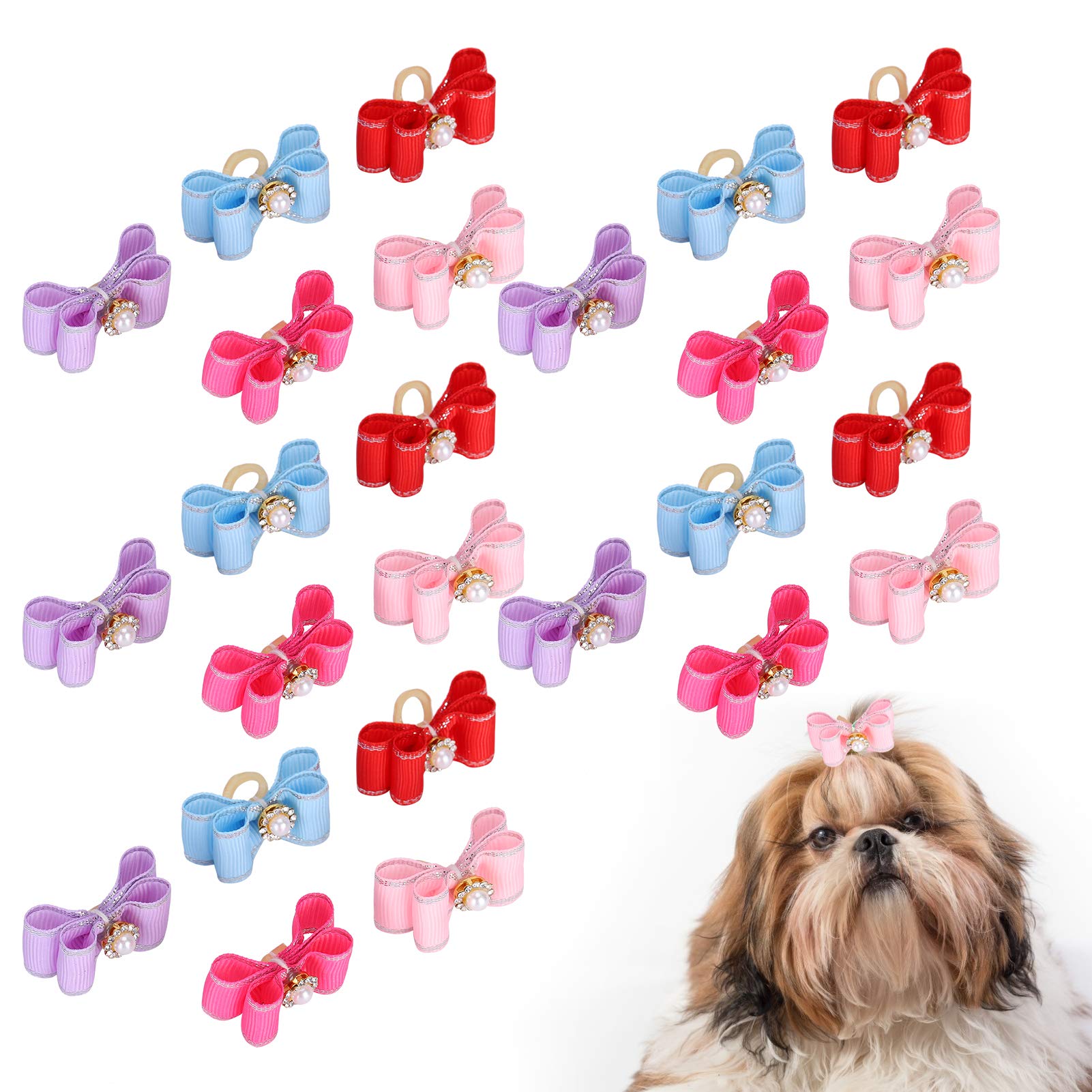 Sonew 25 Pcs Colorful Pet Dog Bows, Cute Bowknot Design with Easy to Attach Rubber Bands, for Dogs and Cats in Red Blue, Pink, Purple