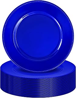 24 Pack Royal Blue Charger Plates 13" Plastic Round Charger Plates Dinner Plate With Beaded for Spring Easter Wedding Table Dinner Kitchen Catering Event Party Decoration