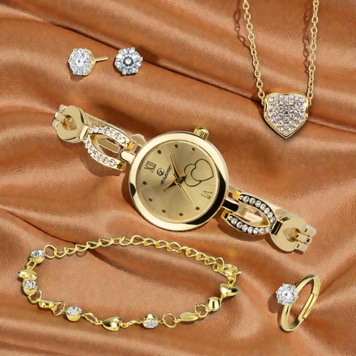 Cofanetto Orologio Donna - Parure di gioielli- Collana-Anello- Orecchini - Cinturino