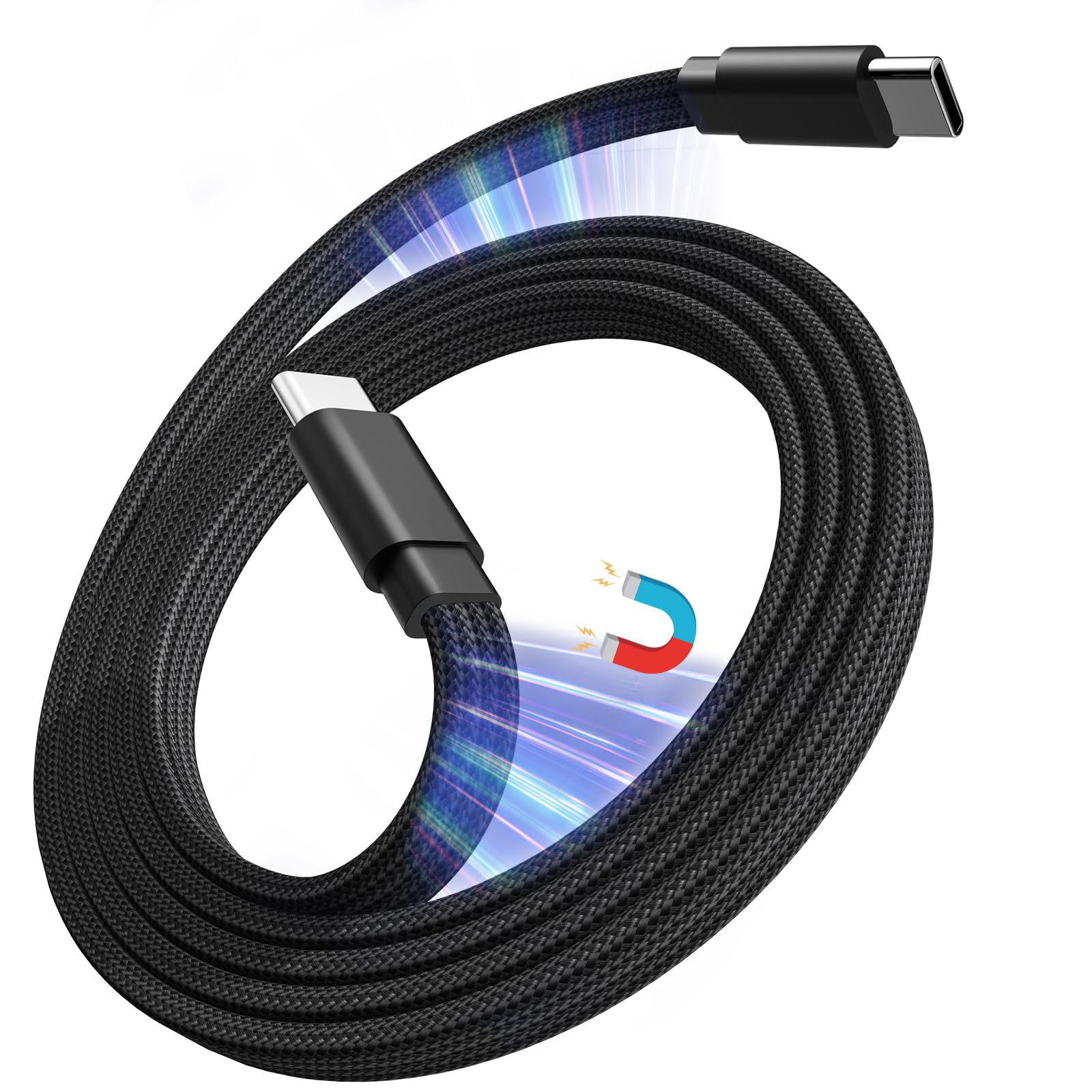 Magtame Magnetisches USB C zu USB C Kabel 3.3ft / 1m, 60W Schnelllade Coiled Typ C Kabel, organisierte Anti-Tangle Flach geflochtene Datensynchronisierung Ladekabel