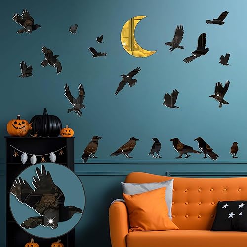 Miniatura 8 de Barri Design Pegatinas de espejo de acrílico para Halloween, cuervo, espejo acrílico, pegatinas de pared 3D de Halloween, calcomanías de pared