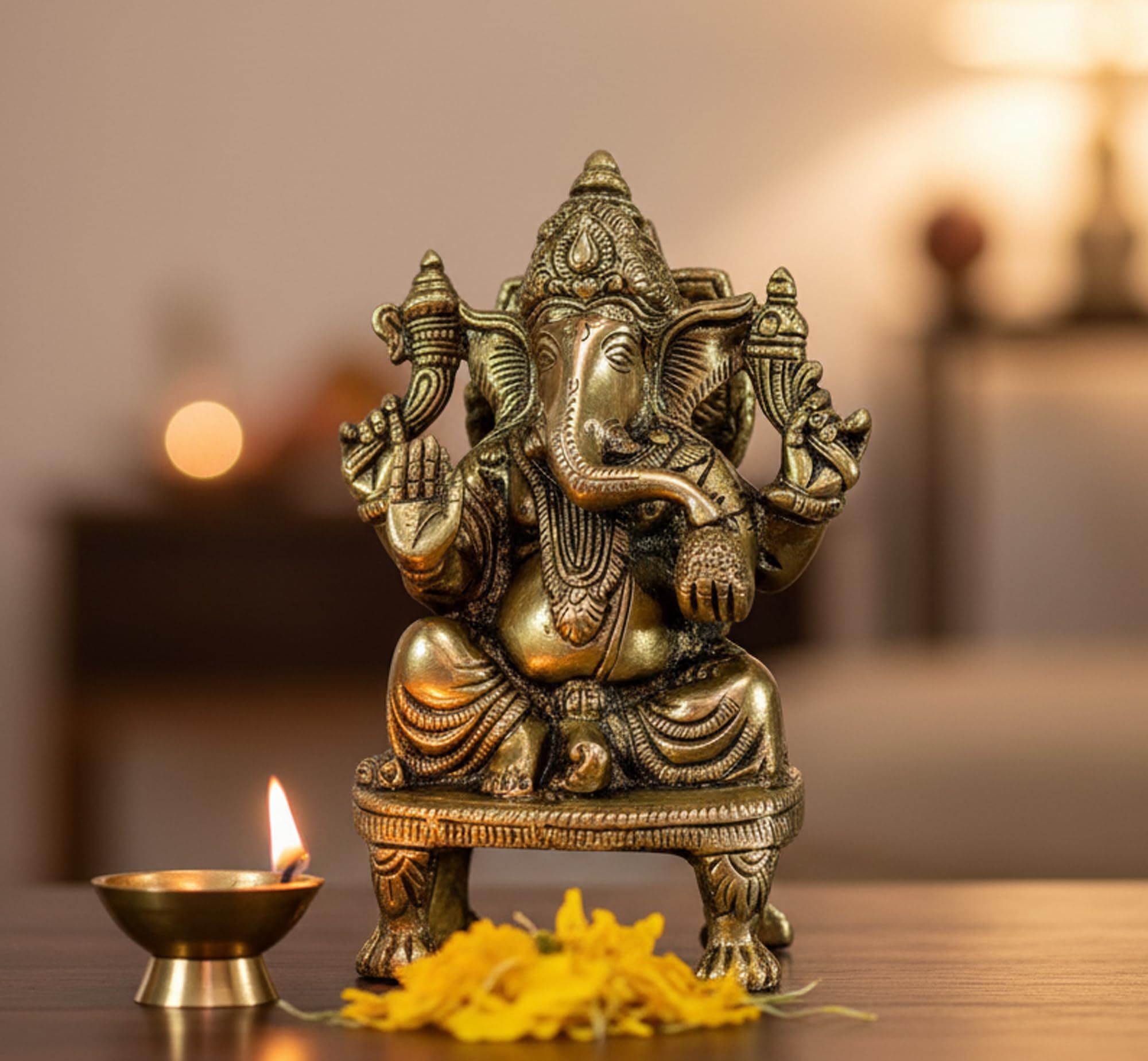 eSplanade 8" Brass Ganesha in Antique Finish | Pooja Puja Ganesh Ganesha Ganpati Ganapati Murti Idol (5.75" Ganesh)