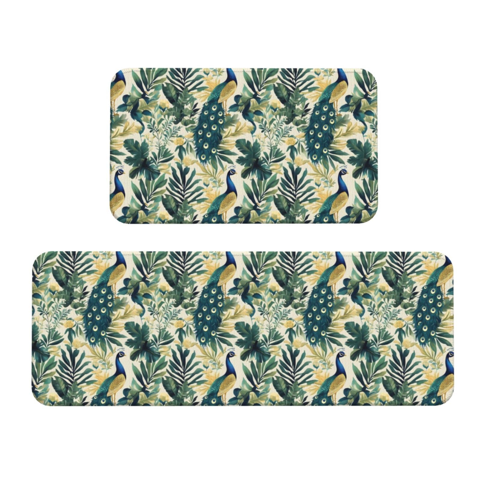 Antifatigue Kitchen Mats for Floor 2 Piece - Green Plant Peacock Print Kitchen Rugs Washable, Non Slip Runner Rug Standing Mat for Office/Bathroom/Laundry/Home Decor and Accessories
