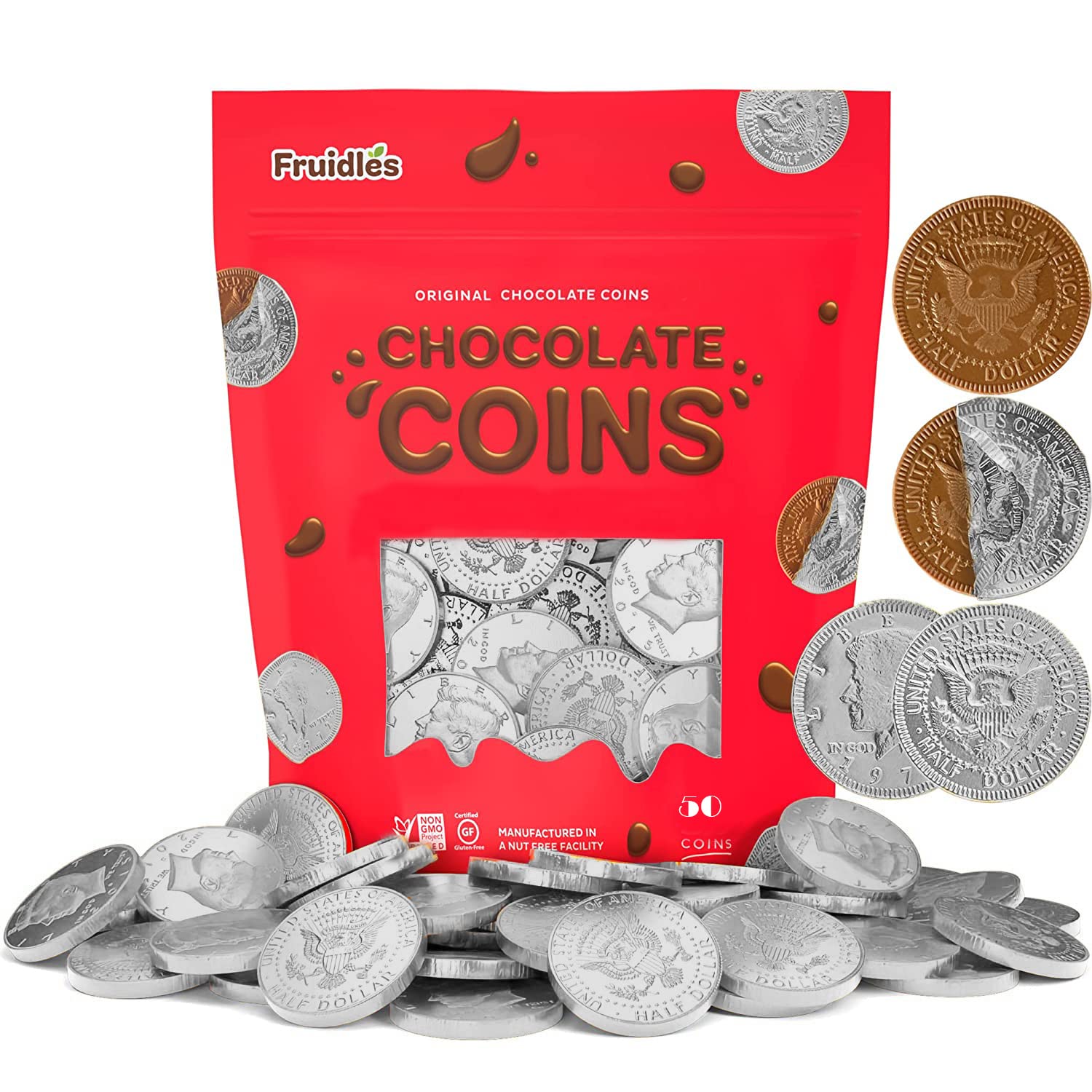 Fruidles Silver Half Dollar Dark Bittersweet Chocolate Gelt