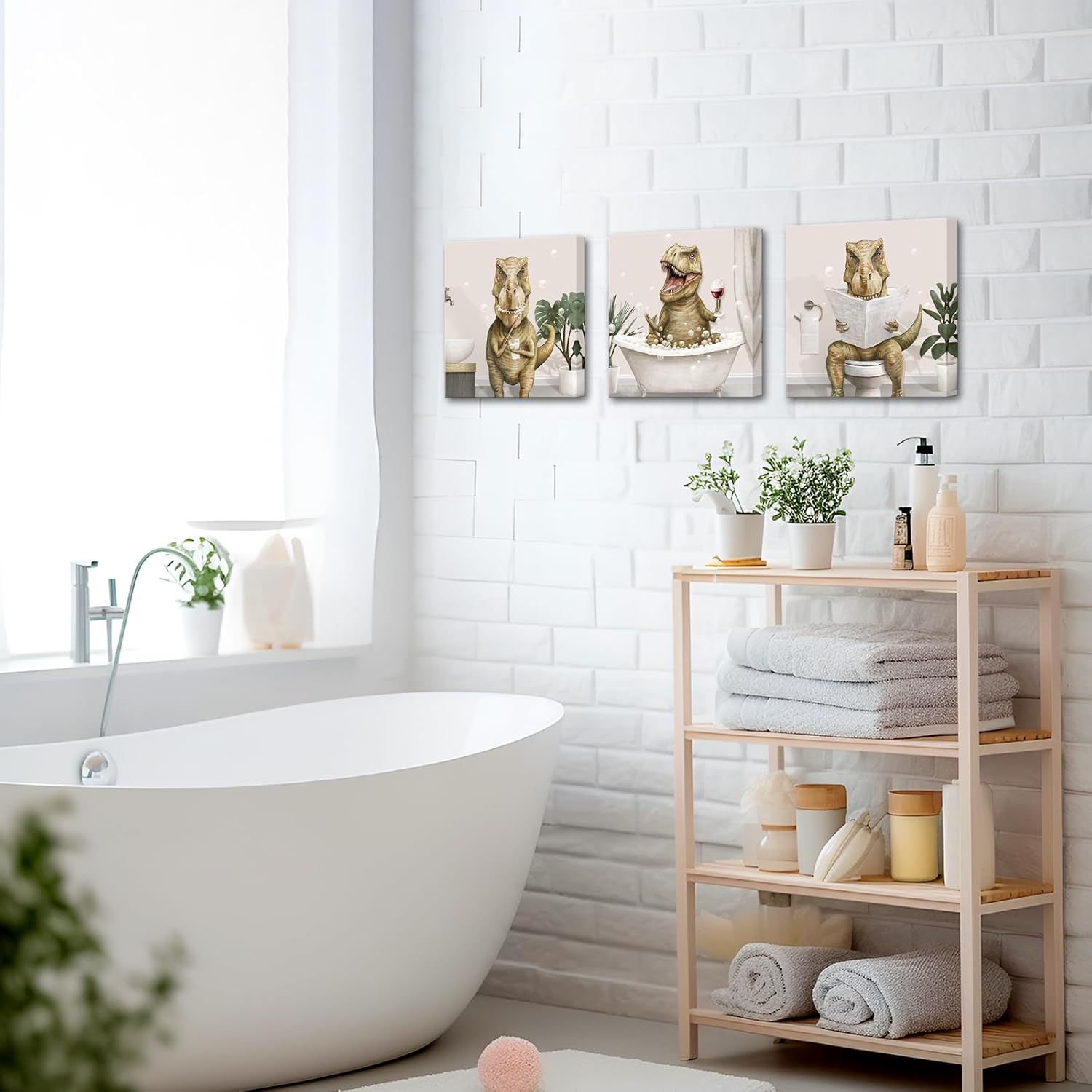 YeiLnm Dinosaur Kids Bathroom Decor 3 Piece T-Rex Poster Dino Bath Tub Wall Art