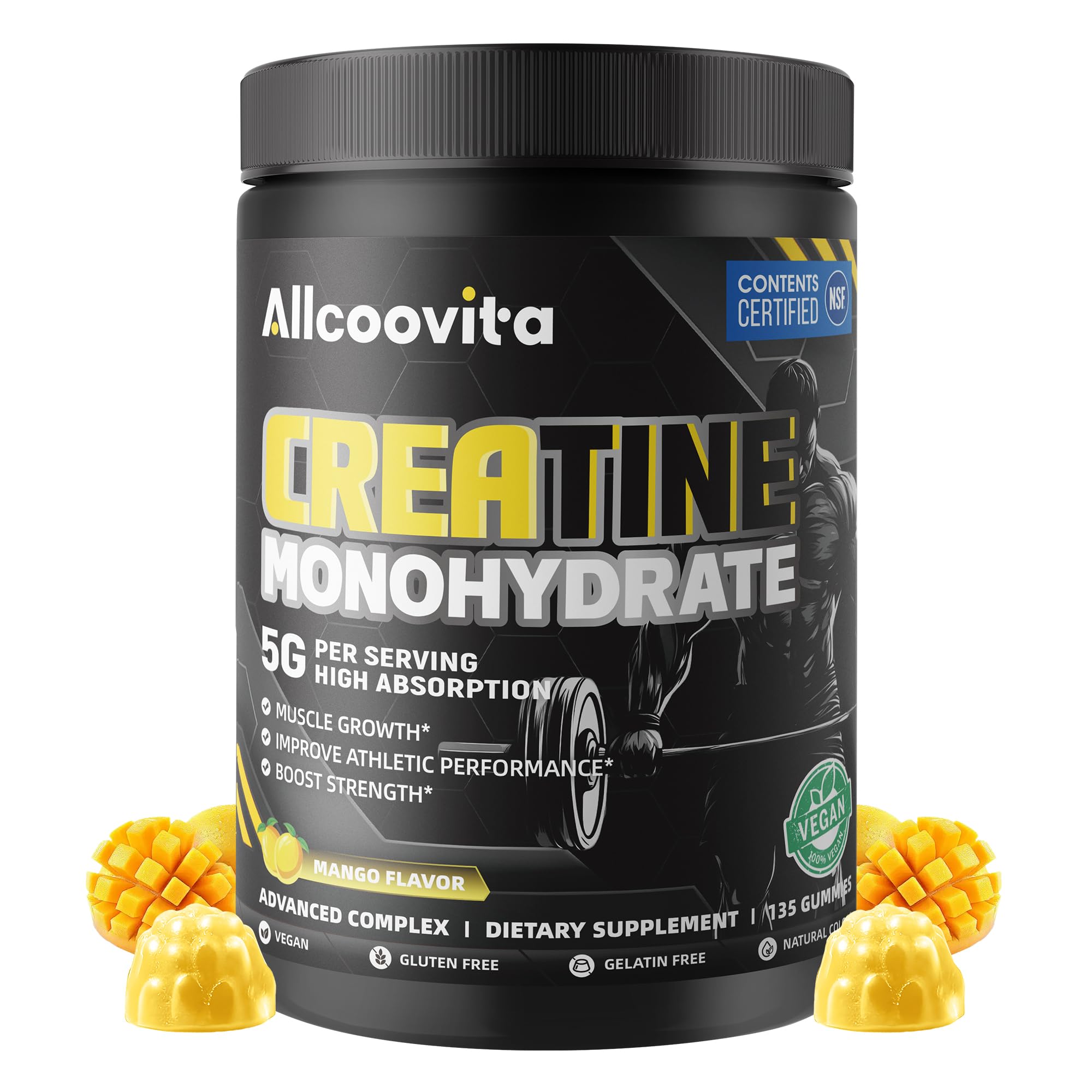 Creatine Monohydrate Gummies, NSF Certified, 5g Dose for Men & Women to Support Muscle, Strength, Recovery, Cognitive Health & Memory, Mango Flavor, 135 Gummies Mango 135 Count (Pack of 1)