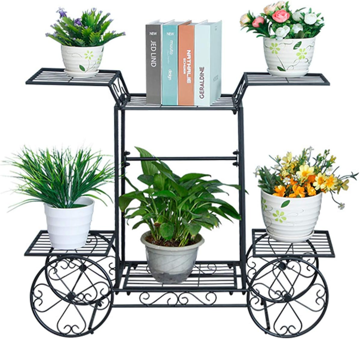 6 Tier Plant Stand, Garden Cart Stand w/4 Decorative Wheels, Parisian Style Succulent Flower Pot Plant Holder Display Rack, Metal Plant Shelf for Home Garden Patio Flower Shop