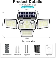 Vista 2 de 4500LM Solar Lights Outdoor Waterproof, 254 LED Solar Flood Lights Outdoor with 2 Motion Sensor, 4 Heads Security Light with Remote Control for Yard