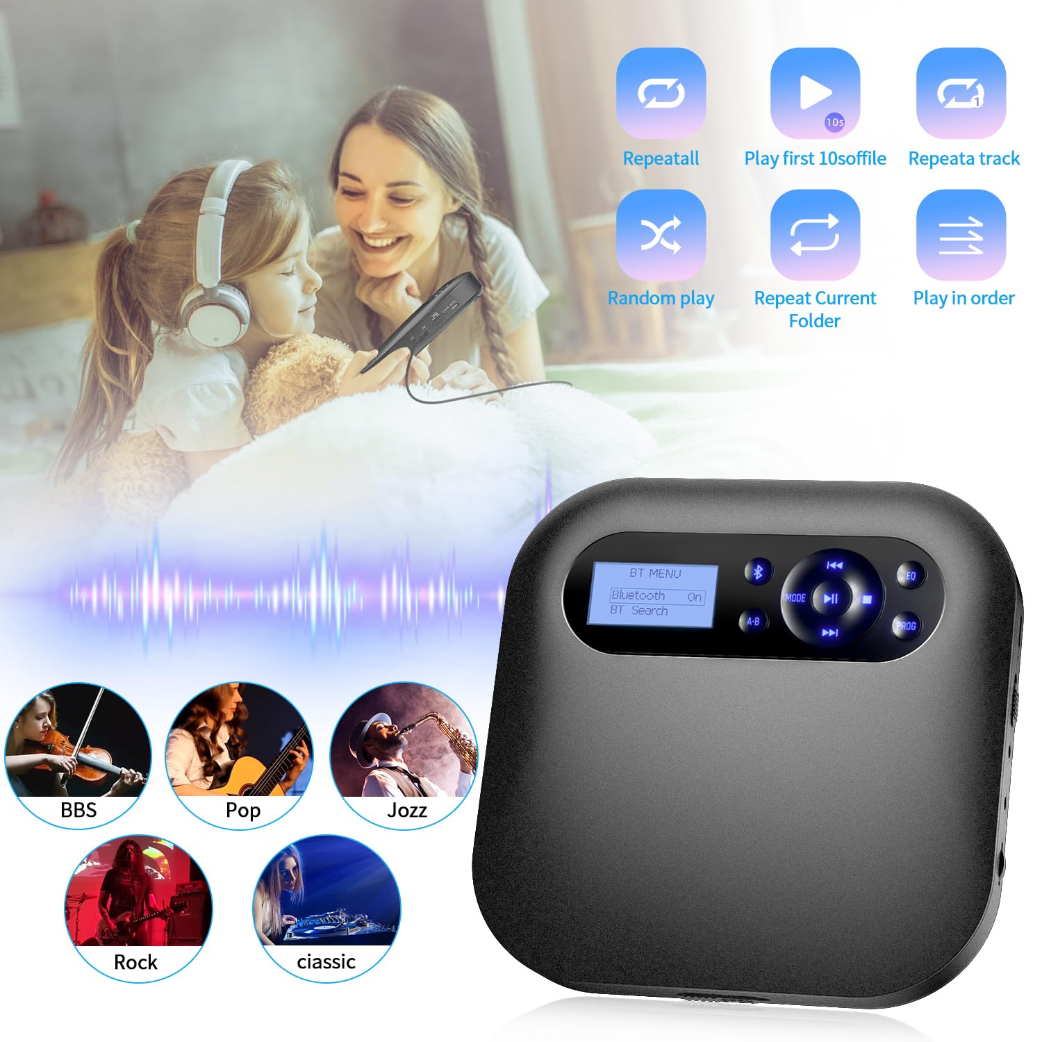 DESOBRY Reproductor de CD portátil con Bluetooth y Altavoces, Discman CD portatil Recargable para automóvil con FM, Anti-Skip, Reproductor CD con Tomas de Auriculares duale