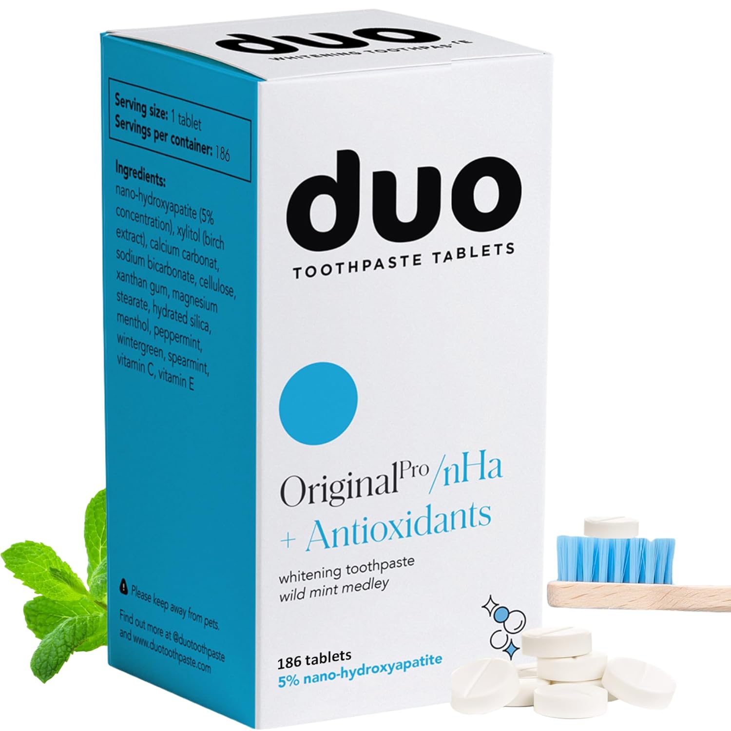 Duo Toothpaste Tablets | Nano-Hydroxyapatite (nHa) Natural Whitening, Remineralize, Reduce Sensitivity | Sustainable & Plastic Free | Dentist Created | Wild Mint Medley - 1 Bottle / 186 Tablets