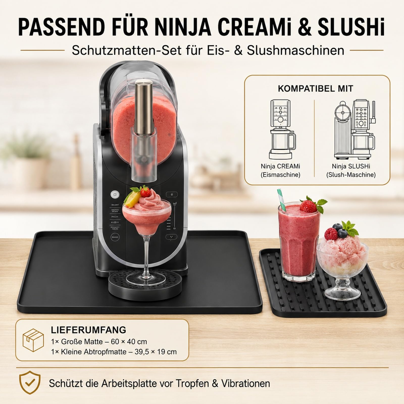 2-in-1 Silikonmatte für Ninja CREAMi & SLUSHi Zubehör, 60 x 40 cm mit Zusatzmatte – Arbeitsplattenmatte Unterlage mit erhöhtem 1 cm Rand, auslaufsicher, rutschfest & spülmaschinenfest