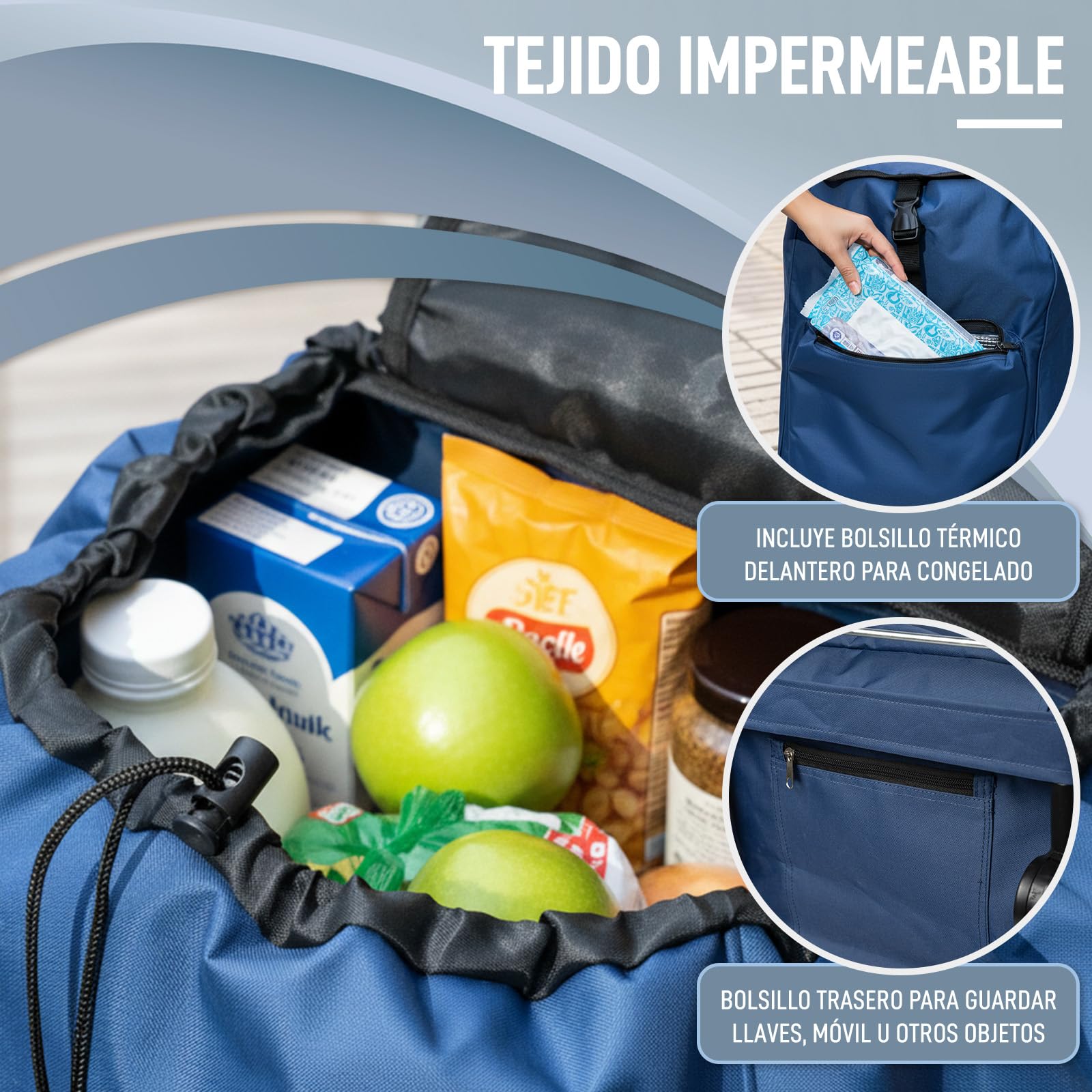 Carro de la Compra Plegable 6 Ruedas Silenciosas para Escaleras, Bolsa 45 L Impermeable + 4 L Térmico, Aluminio Ligero,Carga 35 kg, Azul