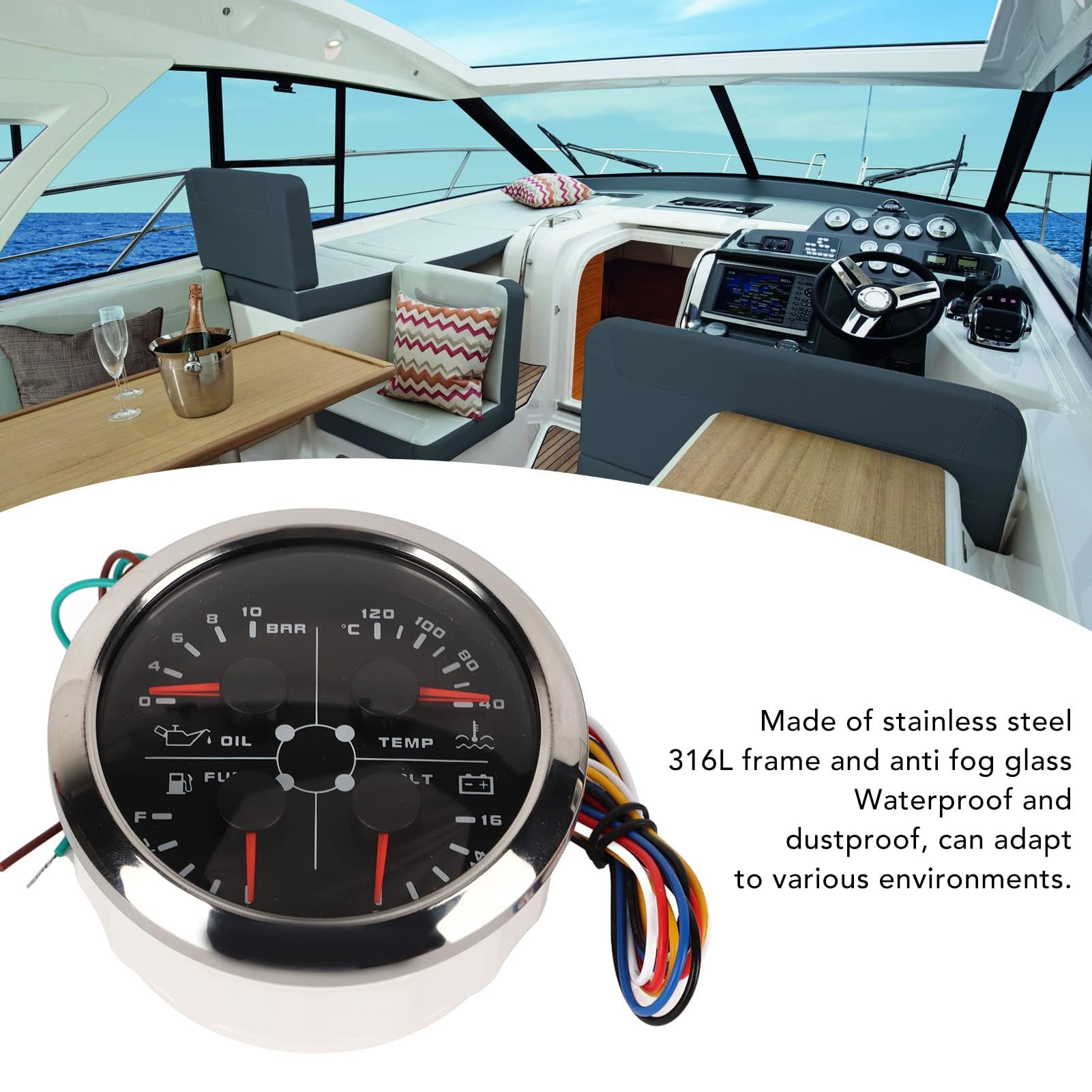 Indicador de Nivel de Combustible, 4 en 1, Calibre de 85 Mm, Multifunción, Nivel de Combustible, Presión de Aceite, Temperatura del Agua, Voltímetro, de 8 a 16 V para Coche, Caravana, Barco,