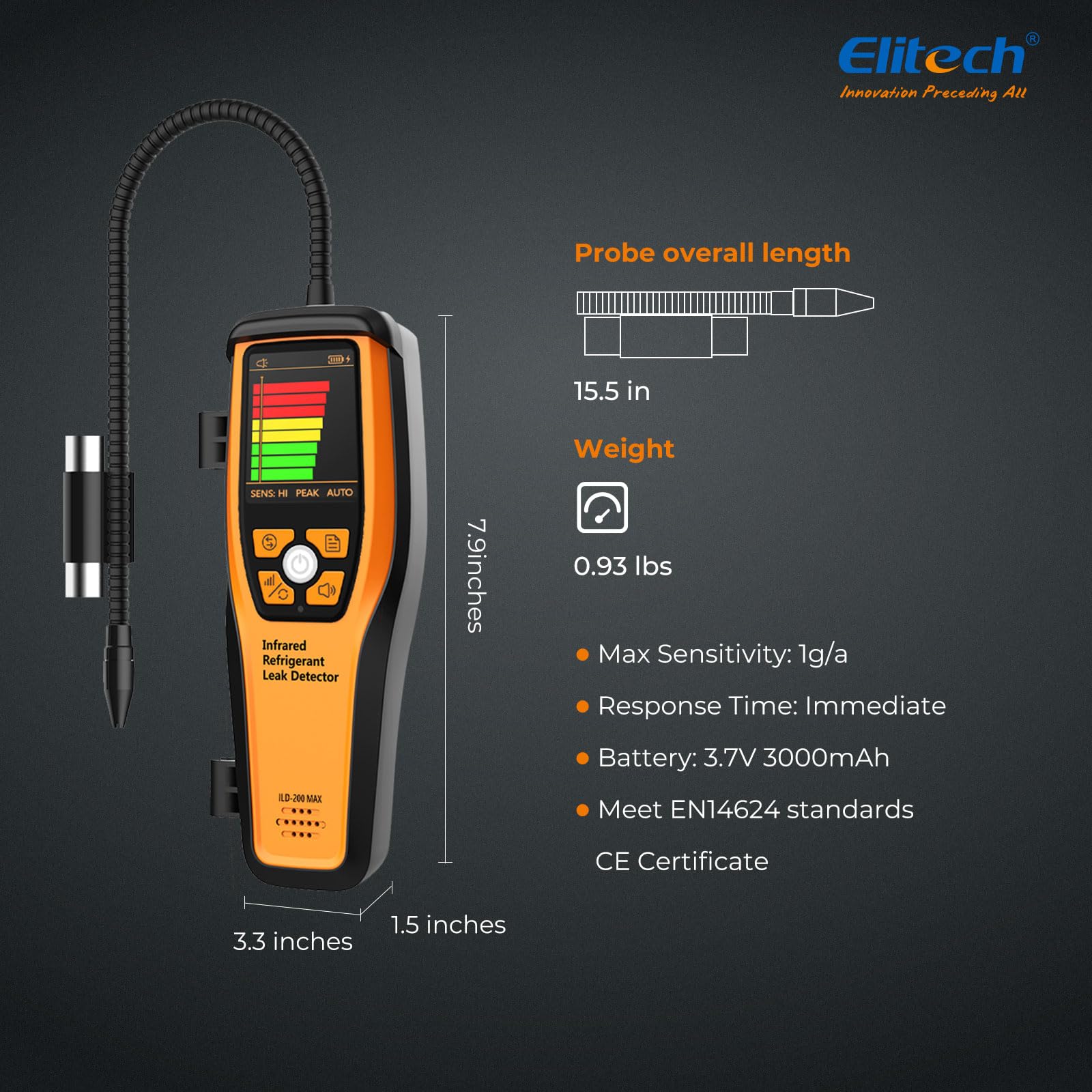 Elitech Rilevatore di perdite di frigorifero a infrarossi ILD-200 Max, alta precisione 1g/anno, sensore 10 anni di durata, rilevamento CFC/HFC/HCFC/HFO per professionisti HVAC/R