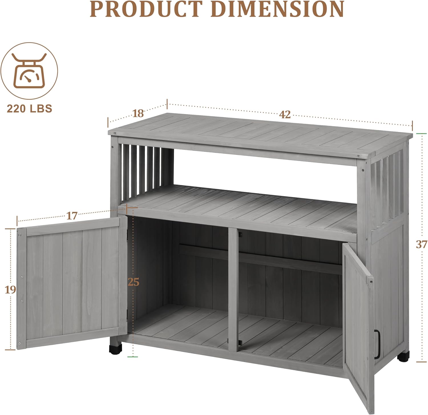 Mederlo Wooden Patio Bar Table with Storage, Cedar Outdoor Buffet Cabinet Sideboard, 42 x 18 x 37 in Serving Station with Double-Layer Tabletop for Patio, Deck, Backyard, Indoor