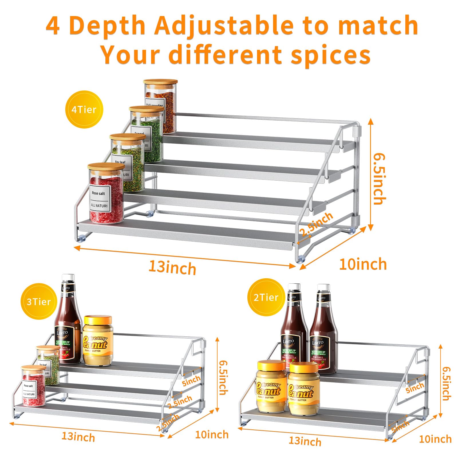 Especiero De 4 Niveles Para El Interior Del Armario, Especieros Para Cocina, Profundidad Ajustable Estante Cocina Para Mostrador, Armario, Despensa Gris (Pack de 2)