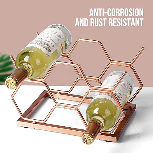 Miniatura 8 de Estante de vino para encimera, 5 botellas, de metal de color oro rosa, soporte para vino de mesa para gabinete, despensa, almacenamiento de botellas
