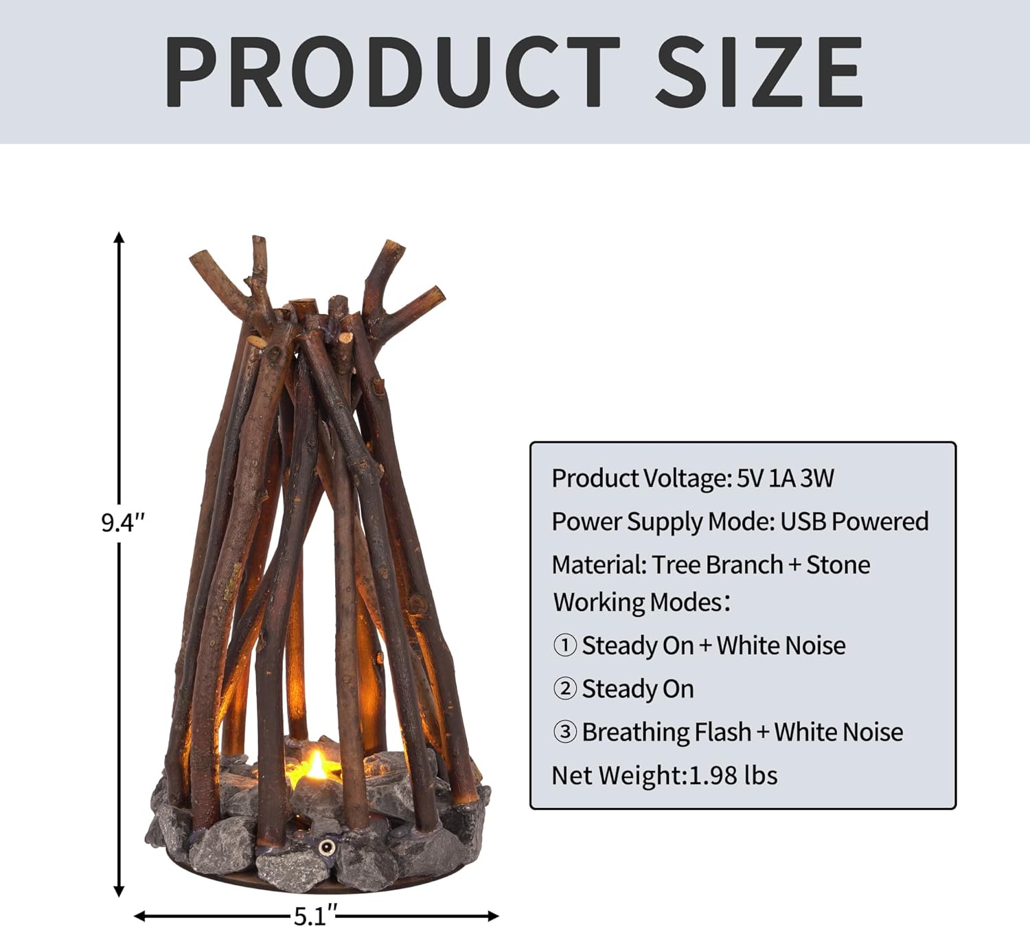 Woodland Campfire LED Night Lamp, USB Wooden Campfire Night Lights, Wooden Campfire Table Lamp, LED Campfire Light with Flame Sound, 3 Lighting Modes Fire Lamps for Bedroom (1)