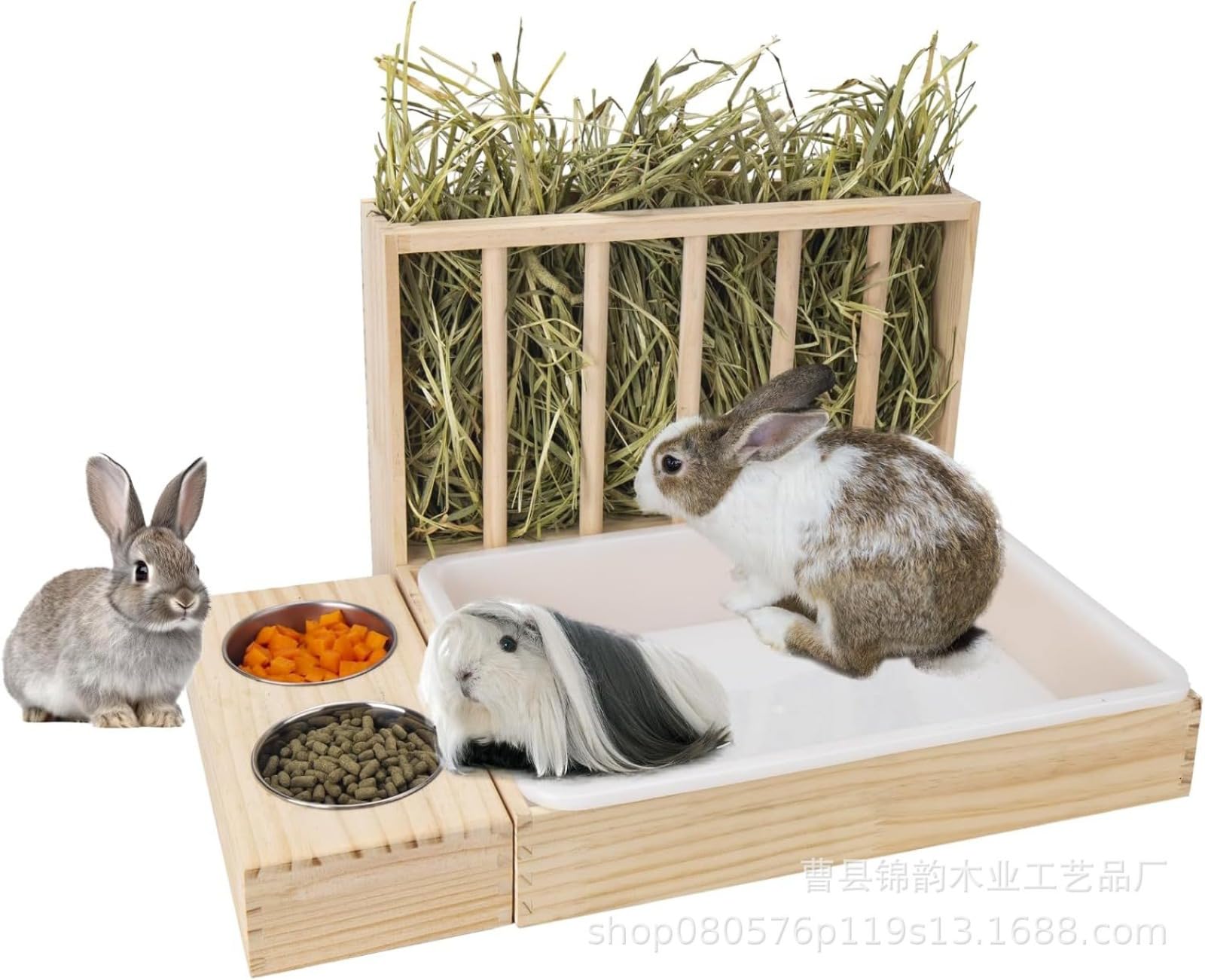Distributeur de Foin pour Lapin,ratelier Foin Lapin ， râtelier à Foin avec litière en Plastique pour Chat, Toilettes, Hamster, Furet，Mangeoire à foin en bois massif, mangeoire anti-basculement pour la