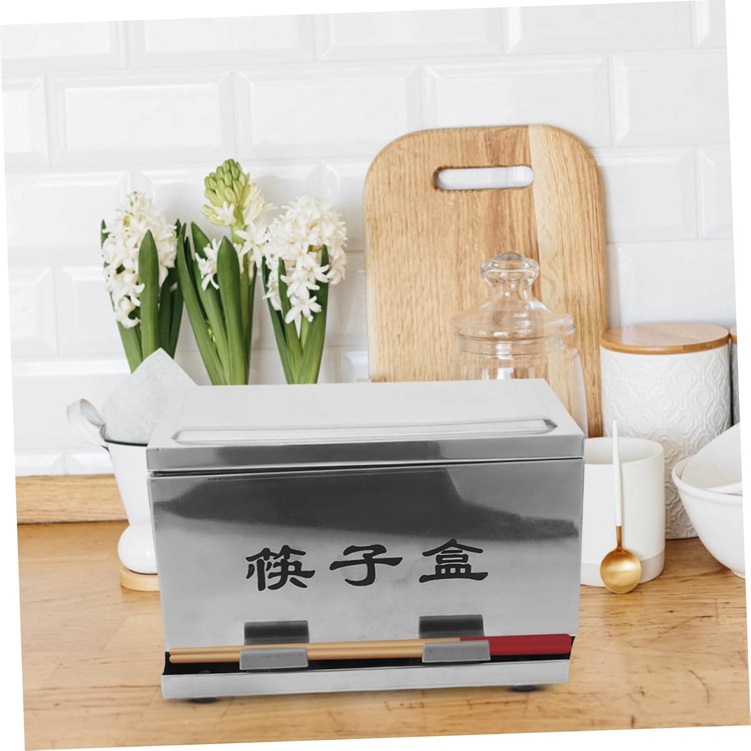 PRETYZOOM Stainless Steel Chopstick Holder Dispenser Lid Commercial Utensil Organizer for Restaurants Sturdy Cutlery Storage Box for Kitchen and Dining