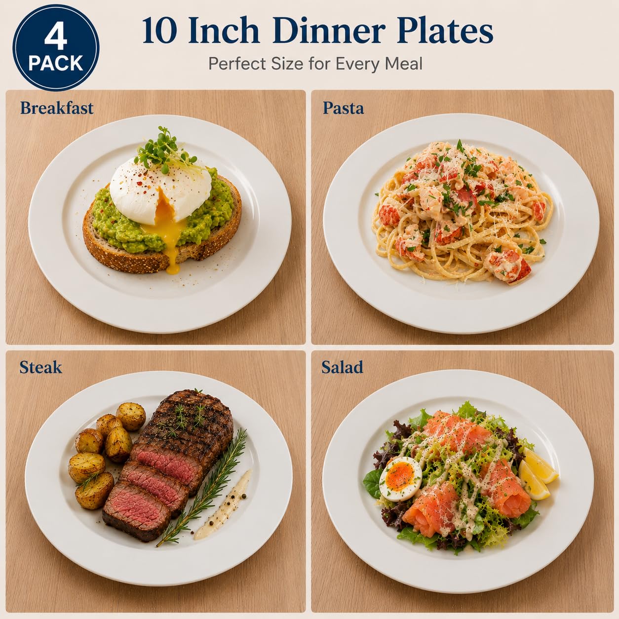 Plato llano, juego de 4 platos blancos, juego de platos llanos de cerámica, platos apilables de 10 pulgadas para ensalada, platos de servir, juegos de vajilla, microondas, horno y lavavajillas