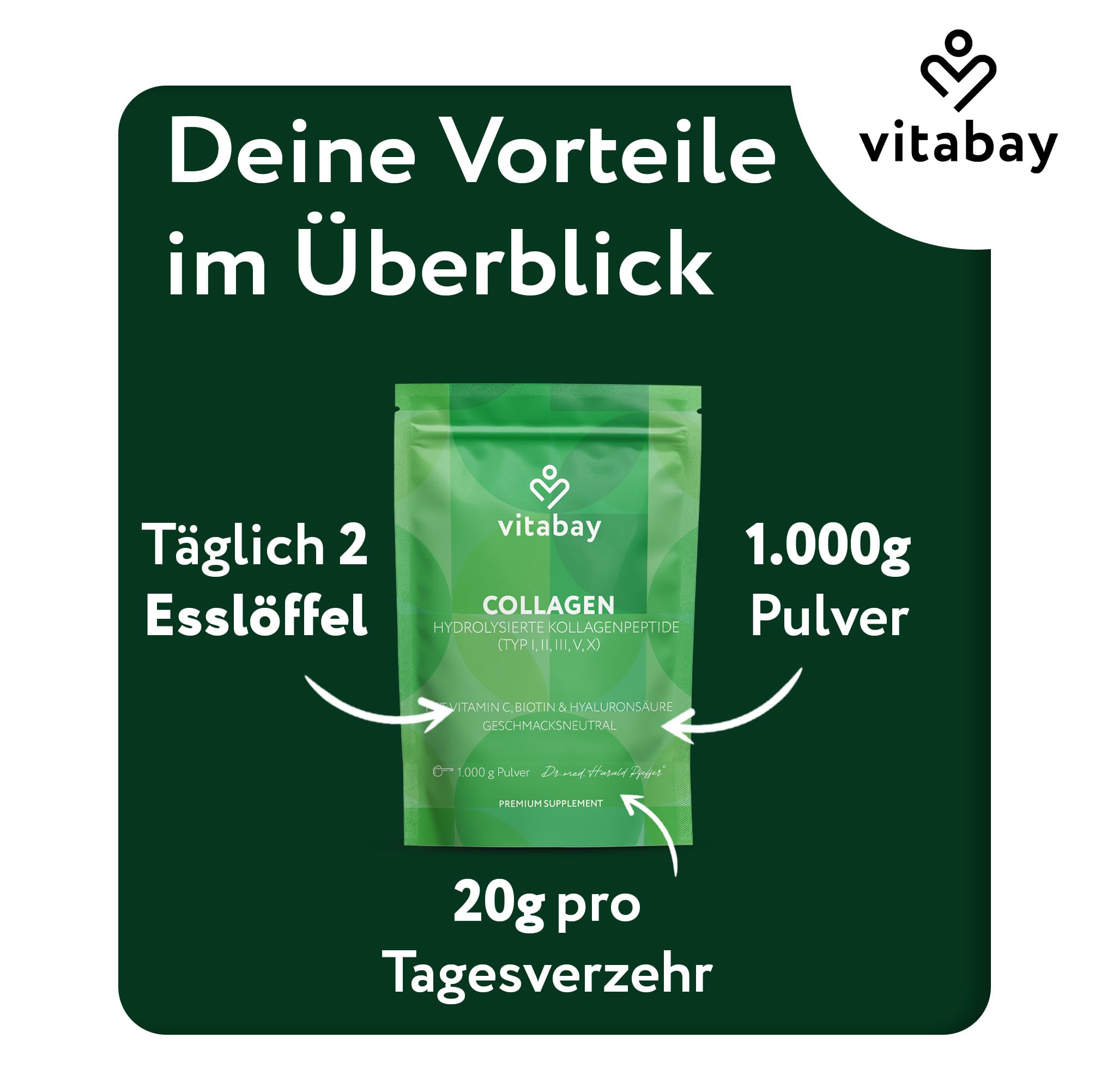 Vitabay Kollagen Pulver Komplex 2x1 kg Hochdosiert – Biotin & Hyaluronsäure | Bioaktive Collagen Hydrolysat Peptide Typ 1, 2, 3, 5, 10 – mit Vitamin C – Reine Qualität – Laborgeprüft & Geschmacksneutral