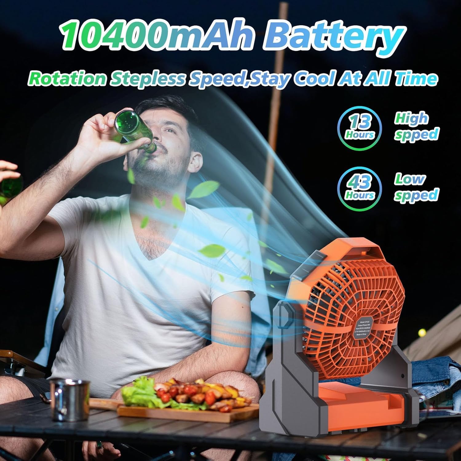 Batteriebetriebener Ventilator, 10400 mAh Campingventilator, wiederaufladbar, tragbarer Ventilator mit LED-Laterne, USB-batteriebetriebener Zeltventilator für Camping, mit Haken & 270 °-orange