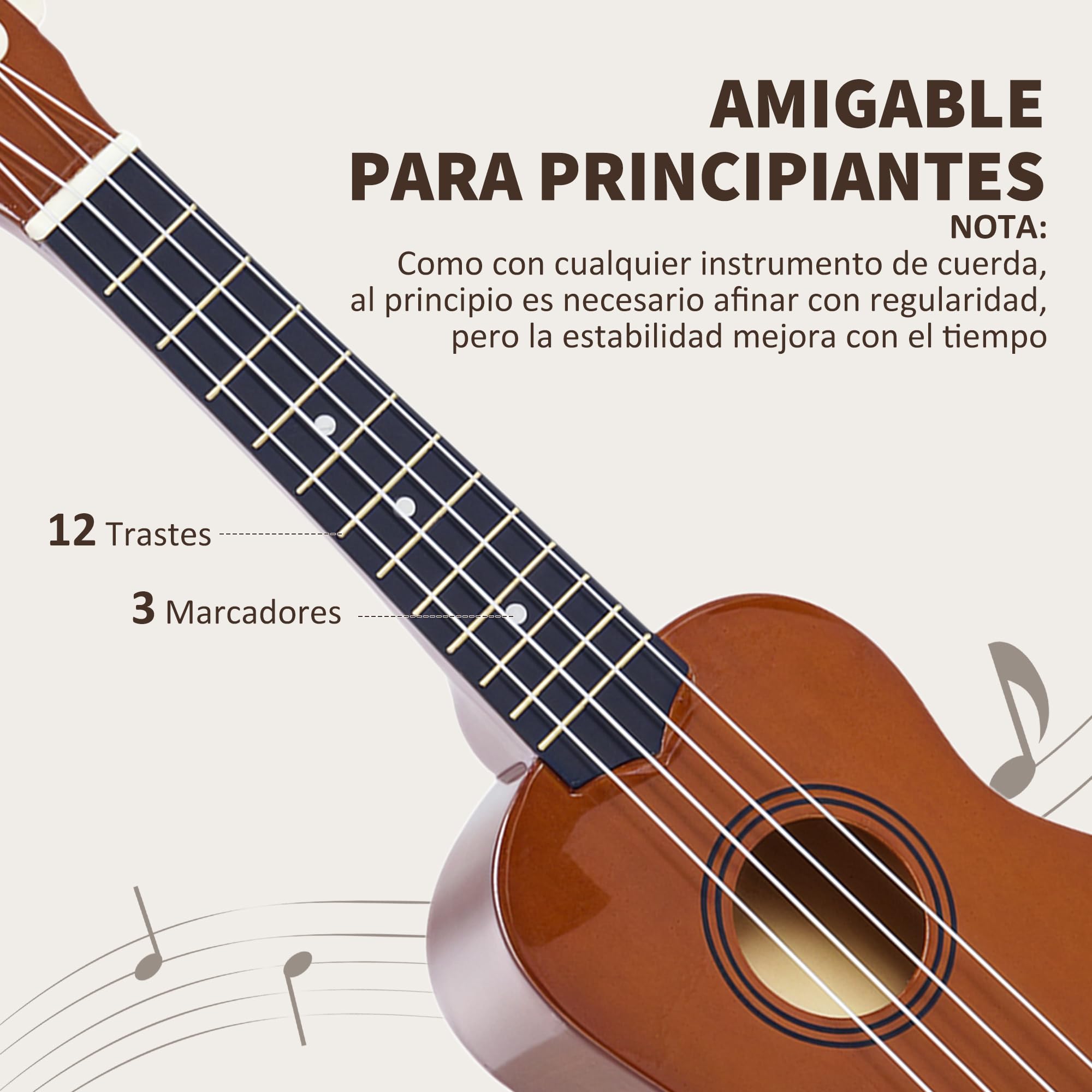 HOMCOM Ukelele 21 Pulgada Ukelele Soprano para Principiantes apto para Concierto y Escuelas Cuerdas de Nylon Material Madera Marrón