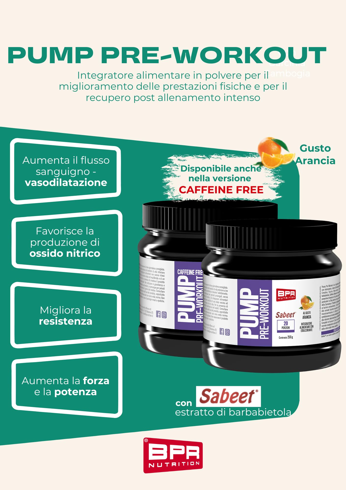 BPR Nutrition - PUMP PRE-WORKOUT CAFFEINE FREE 250 g - Booster ideale per chi pratica sport intensi