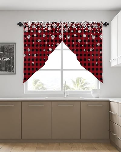Miniatura 4 de Cortinas con diseño de copos de nieve, color rojo y negro, a cuadros, con bolsillo para barra, 2 paneles de nieve de invierno, tratamiento de