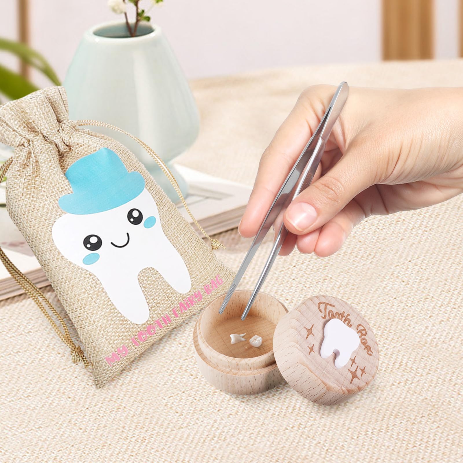 SIWOKJJO Tooth Box Keepsake, Tooth Fairy Bag for Girls Girl Keepsake Organizer, Lost Teeth Holder Box, Cute Wooden Keepsake - Image 4