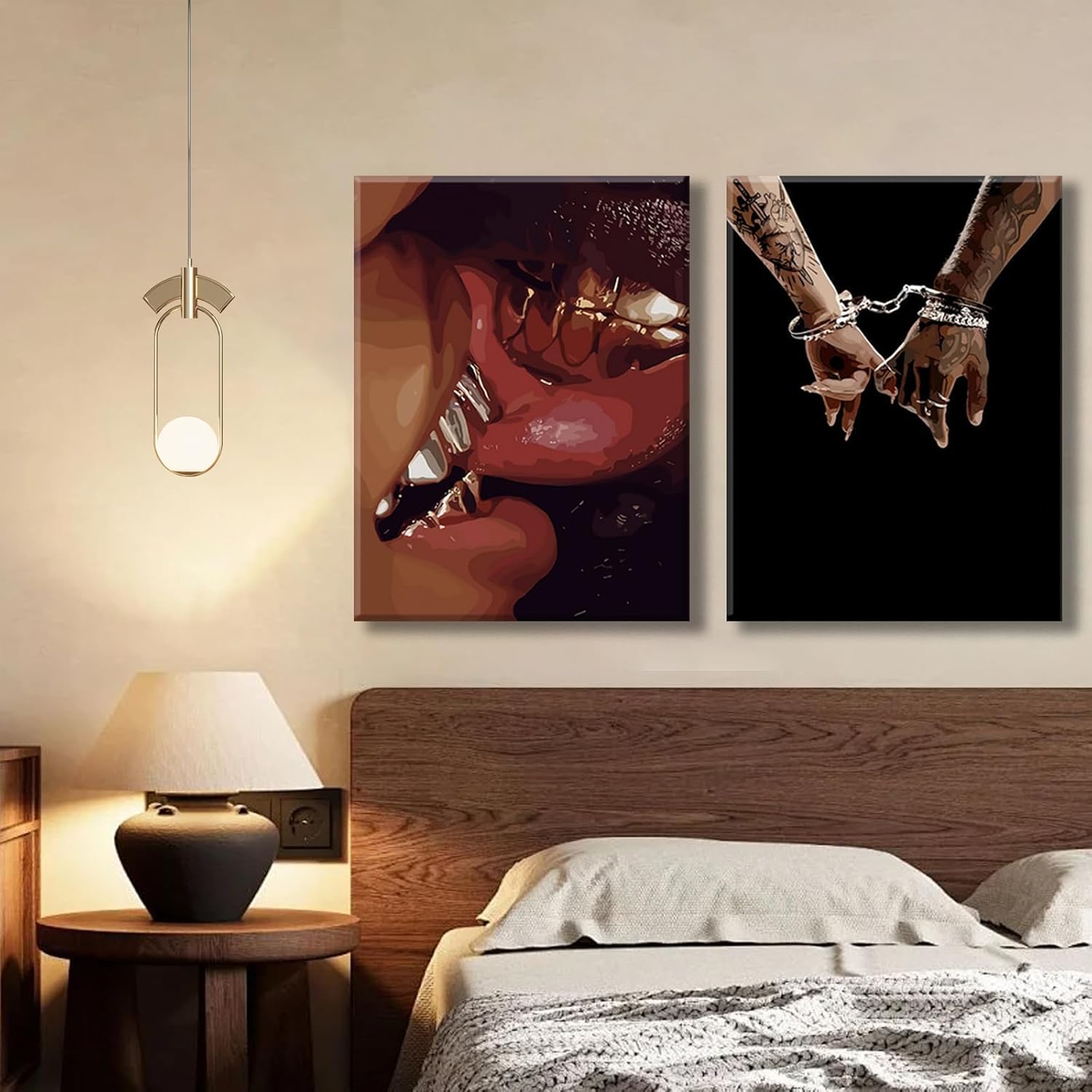 Framed 2pcs Black Couple Canvas Wall Art African American Man and Woman Poster Kiss Holding Hands Picture Print Wedding Gift Bedroom Living Room Studio Bar Ready to Hang 12x16 Inch