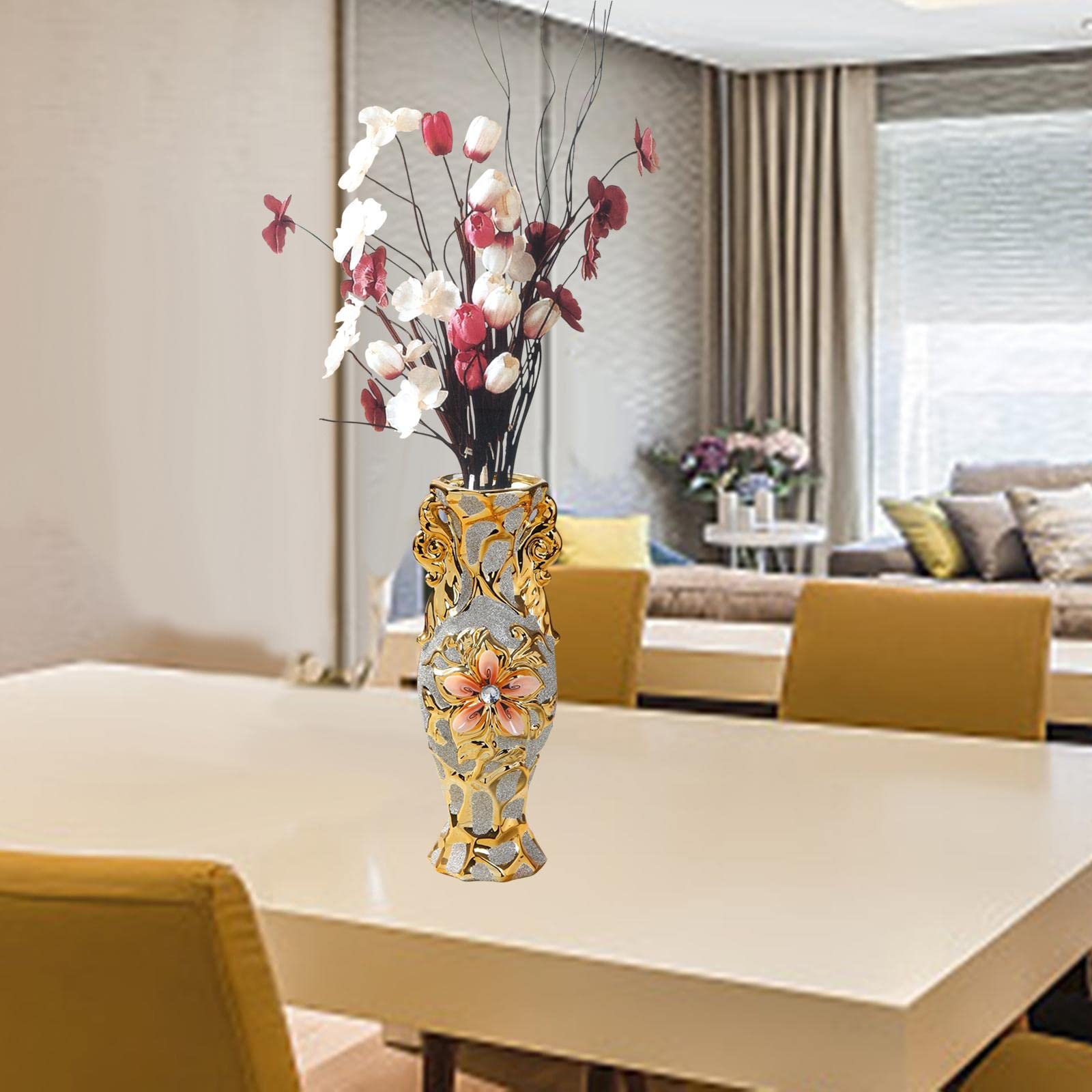 Keramikvase Europäischer Stil Blumenvasen Deko Ornament Tischdeko Goldene Muster Eleganz Aus für Hochzeit Geschenk Wohnzimmer Büro Café Bar Re, StilA