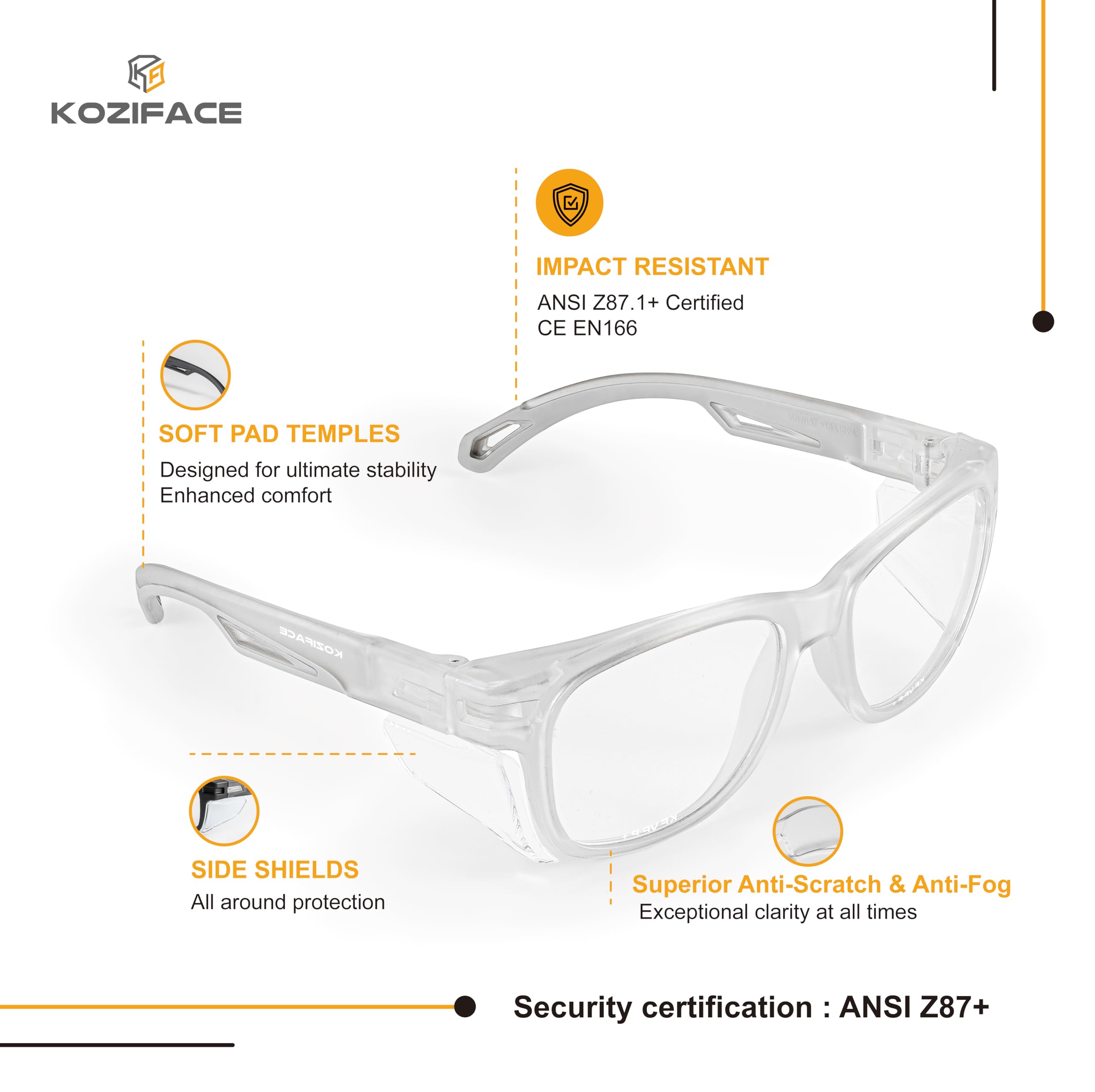 Koziface E52C Lunettes de sécurité pour homme et femme – Lunettes de protection élégantes anti-buée avec protections latérales – Verres transparents antidérapants – Certifié ANSI Z87.1 – Pour