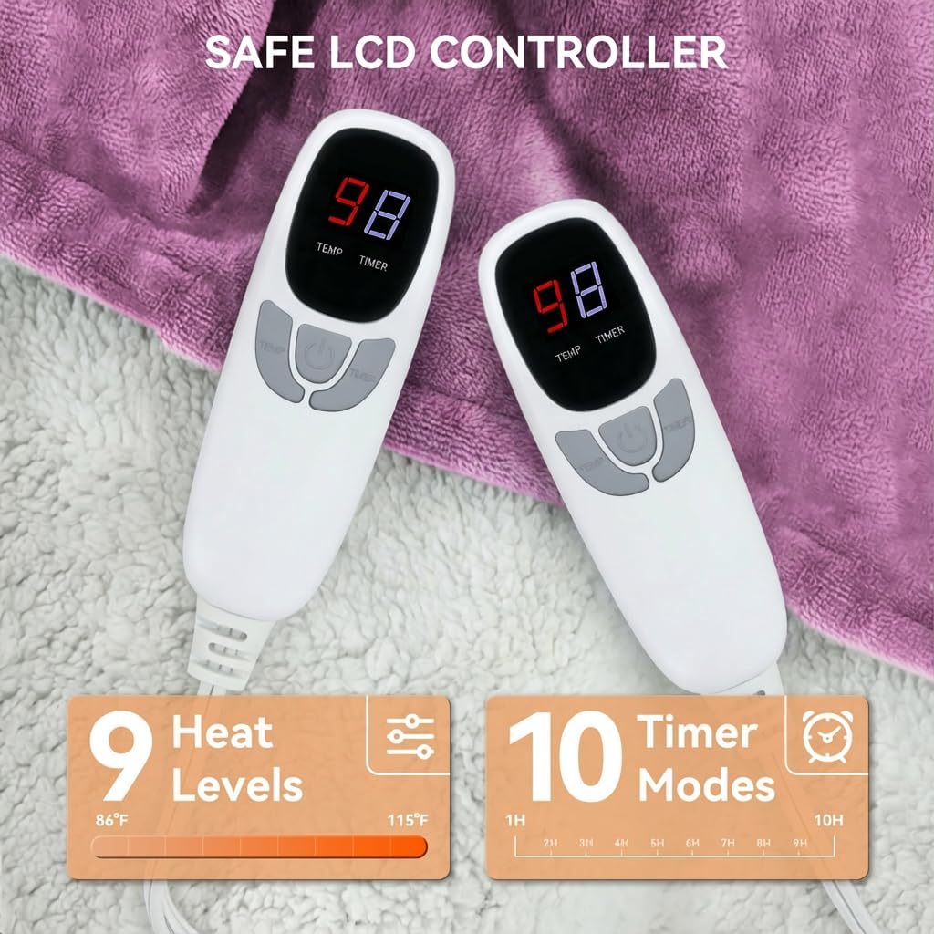 Heated Electric Blanket Queen Size 84"x90" Heating Blanket with Dual Control 9 Heating Levels 10 Timer Modes Auto Off, Fast Heating Over-Heat Protection Ultra Soft Flannel ETL Certified, Purple - Image 3