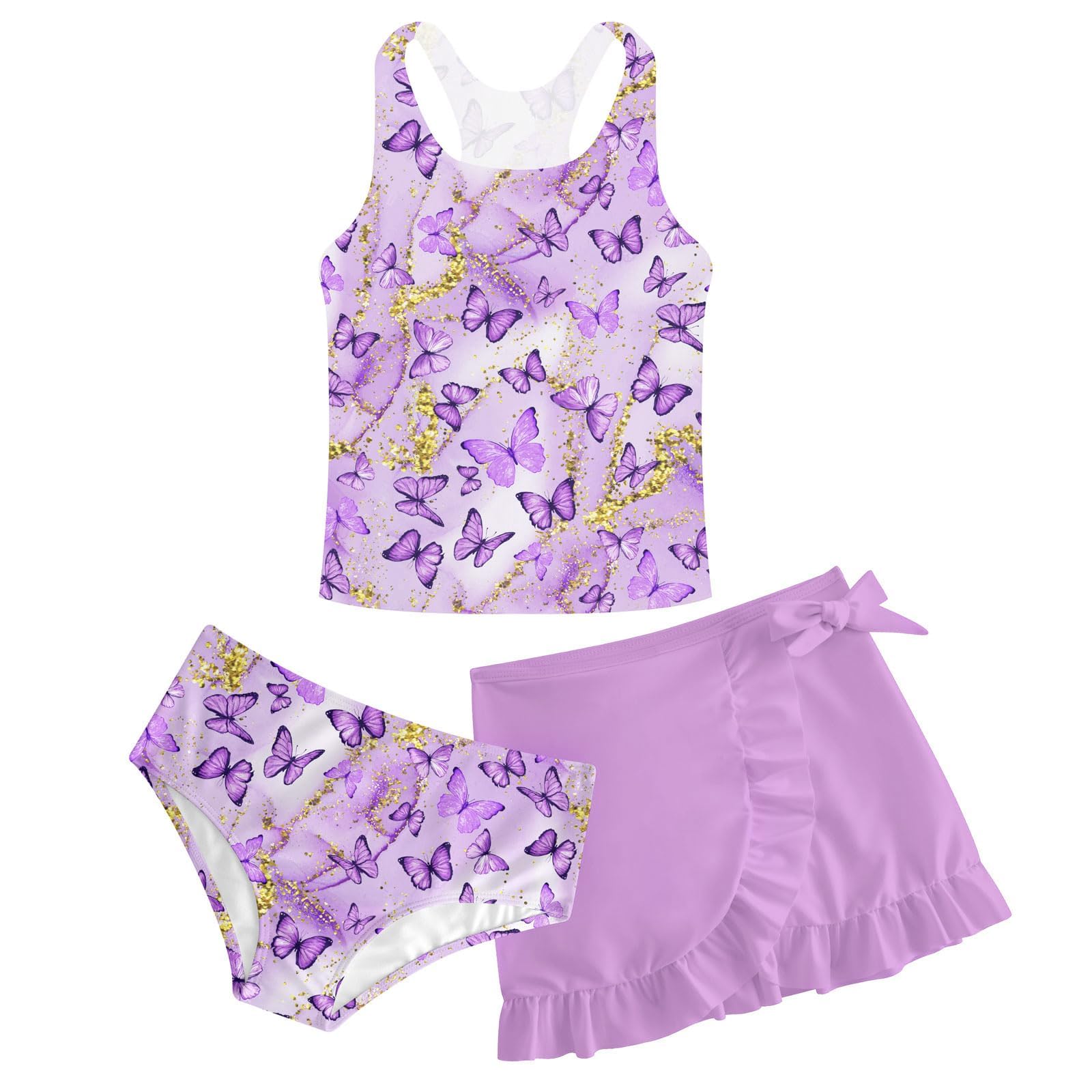 Girls Swimsuit 3 Piece Bathing Suit Quick Dry Tankini Set with Cover Up Beach Skirt Tankini Swimwear 5-16 Years