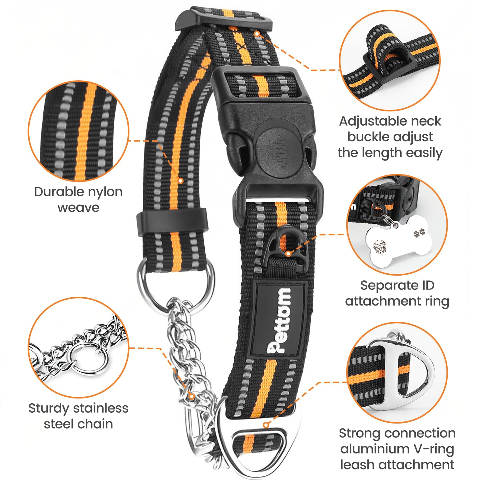 PETTOM Collare Semistrozzo Cane, Collare Cane Con Serratura di Sicurezza, Regolabile e Riflettente, Collare a Strozzo per Cani di Piccola, Media e Grande Taglia (S, Arancia)