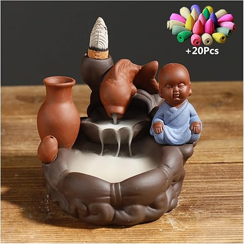 Miniatura 5 de Quemador de incienso en cascada hecho a mano de arena morada, quemador de incienso pequeño monje reflujo de incienso quemador de peces, loto,