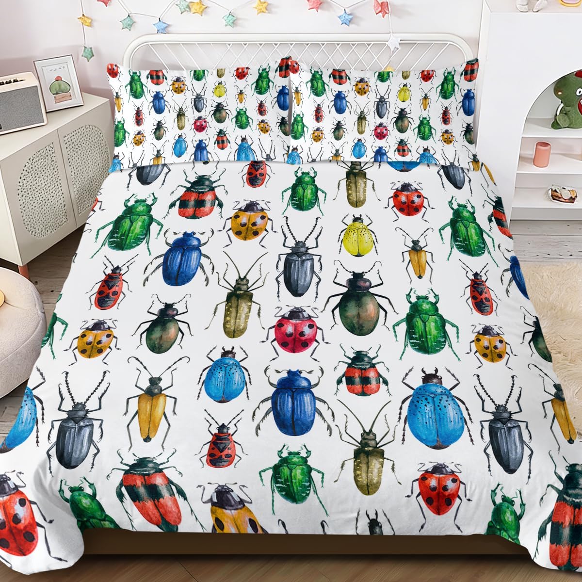 BlessLiving Watercolor Beetles Duvet Cover Cute Modern Insect Bugs Pattern Bedding Set 3 Pieces Geek Chic Nature Art Bedspread for Kids Teens Boys (Single)