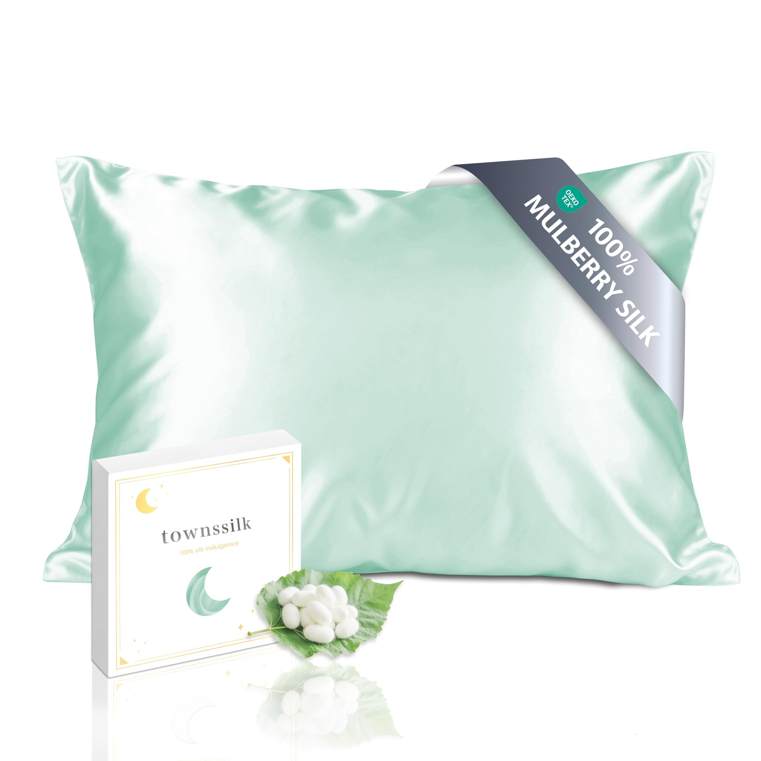 townssilk Federa seta cuscino,100% naturale seta di gelso 19momme,doppia faccia,benefica per capelli e pelle,ipoallergenica,cerniera nascosta,1 pz,50x75cm,Lightgreen