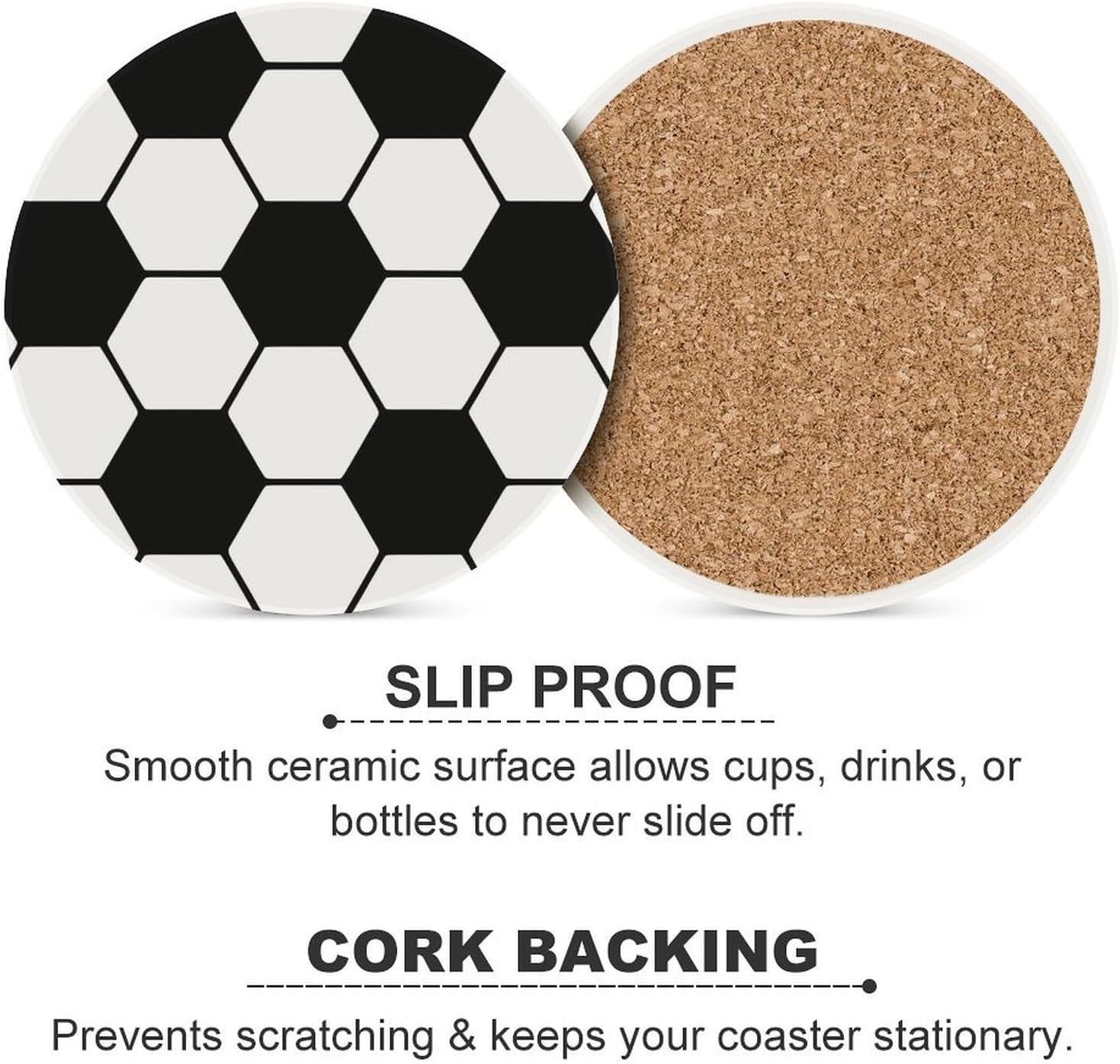 Soccer Pattern Round Ceramic Coasters Print Drinks Absorbent with Cork Base for Home Decor Gifts 4 Inch