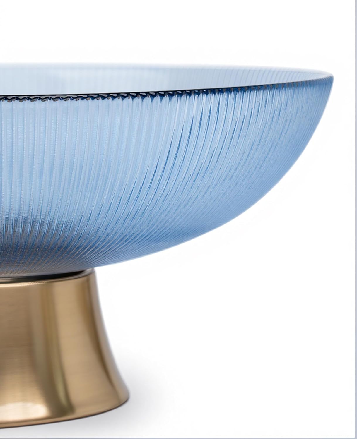 Round Glass Decorative Bowl（Blue）, 9.8 Inches Handblown Striped Design Fruit Bowl with Rust-Resistant Metal Base for Home Decor, Table Centerpiece, Kitchen Island and Dining Decor