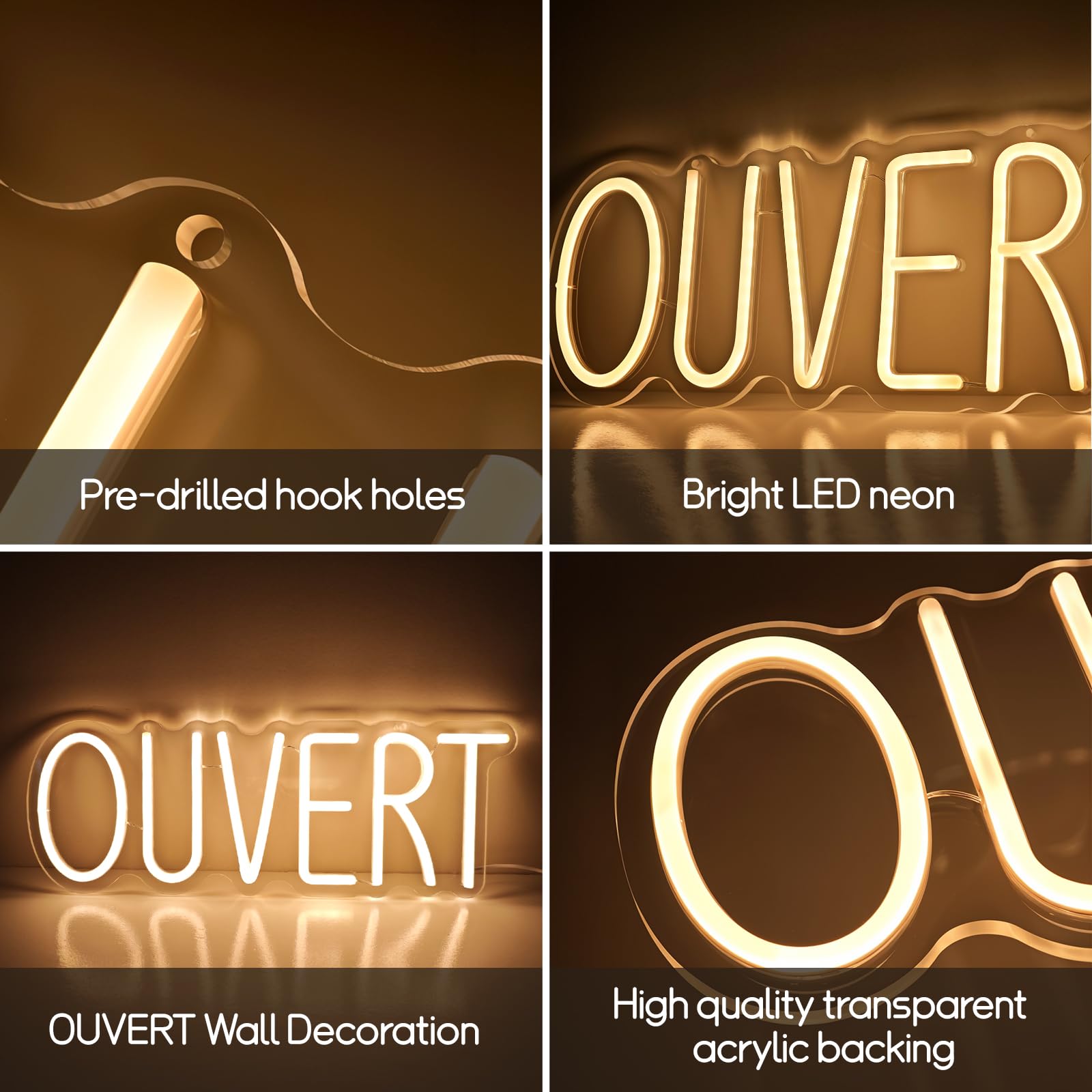 Enseigne Lumineuse Néon OUVERT Plaque de Porte LED USB Interrupteur à Intensité Variable Décoration Murale Commerces
